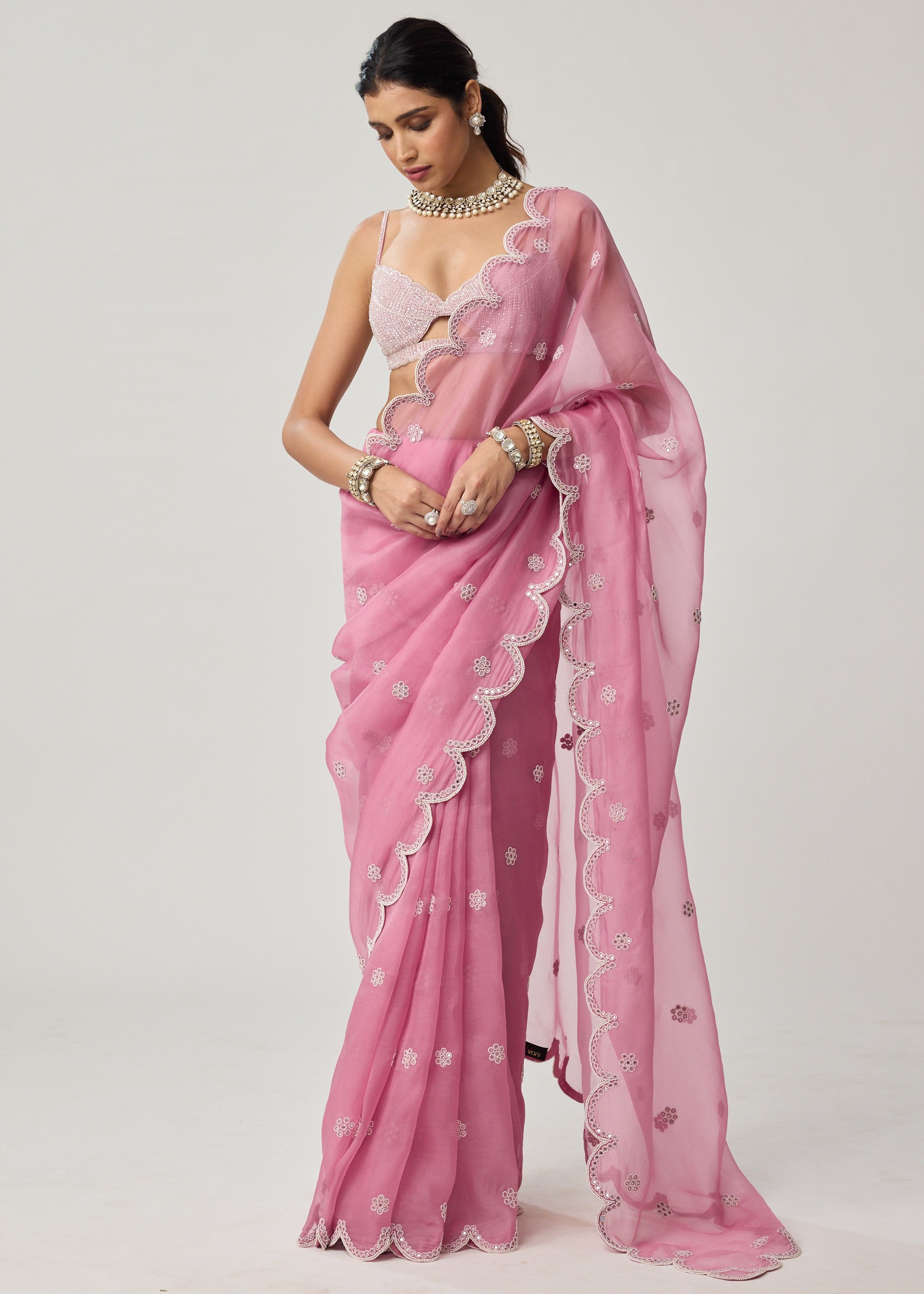 Onion Pink Organza Pearl Sari Set