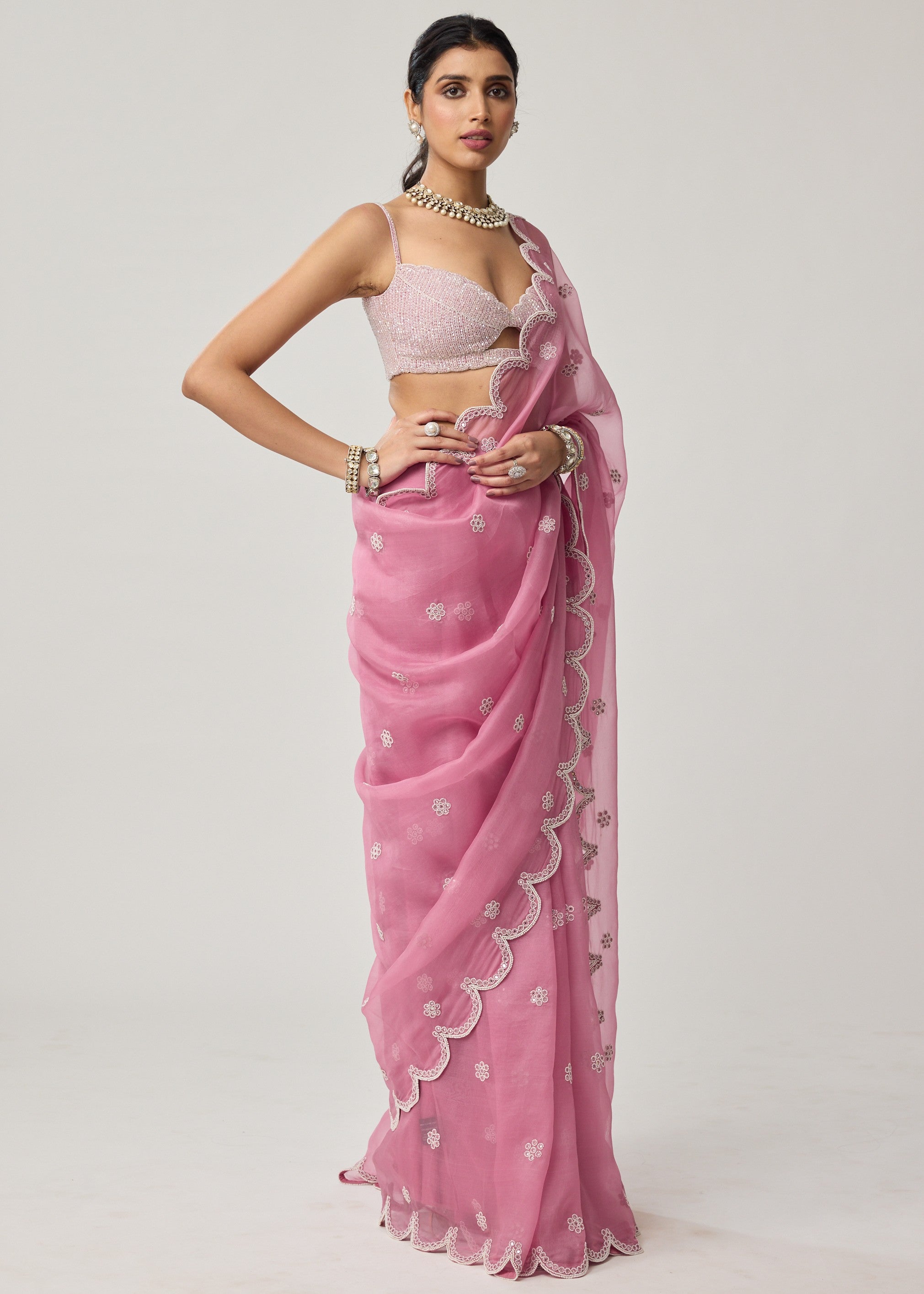 Onion Pink Organza Pearl Sari Set