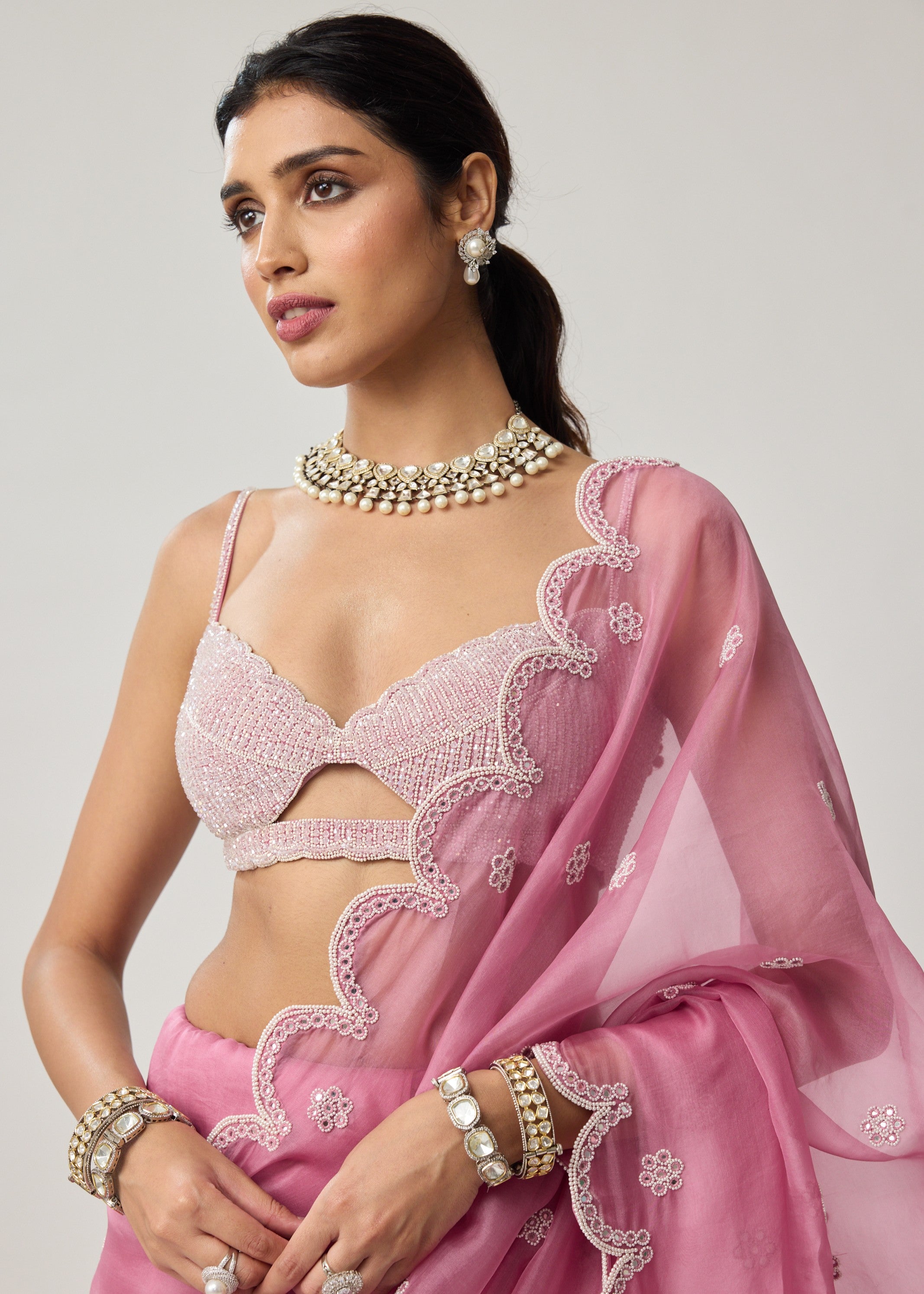 Onion Pink Organza Pearl Sari Set