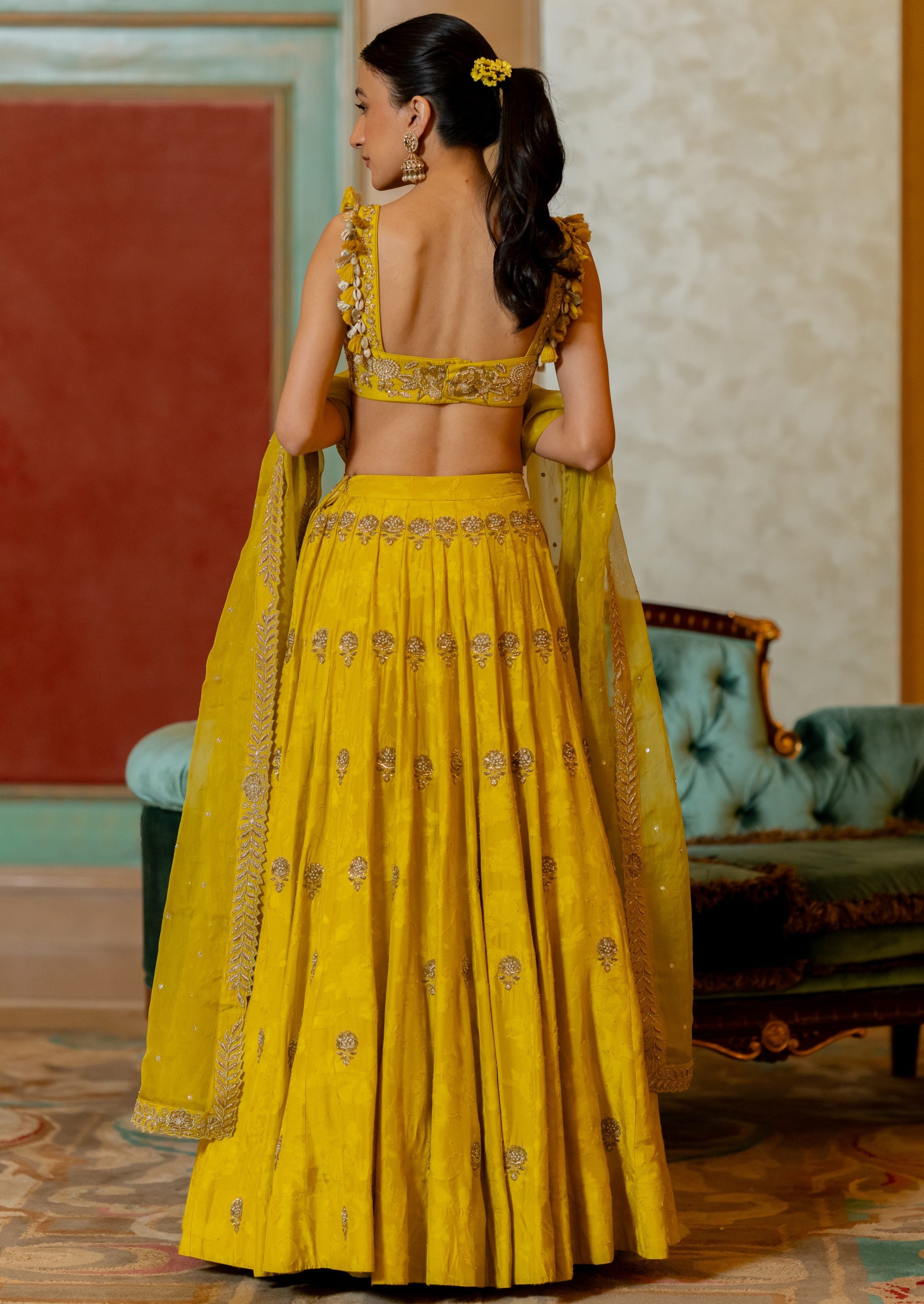 Lime Yellow Jacquard Lehenga Set