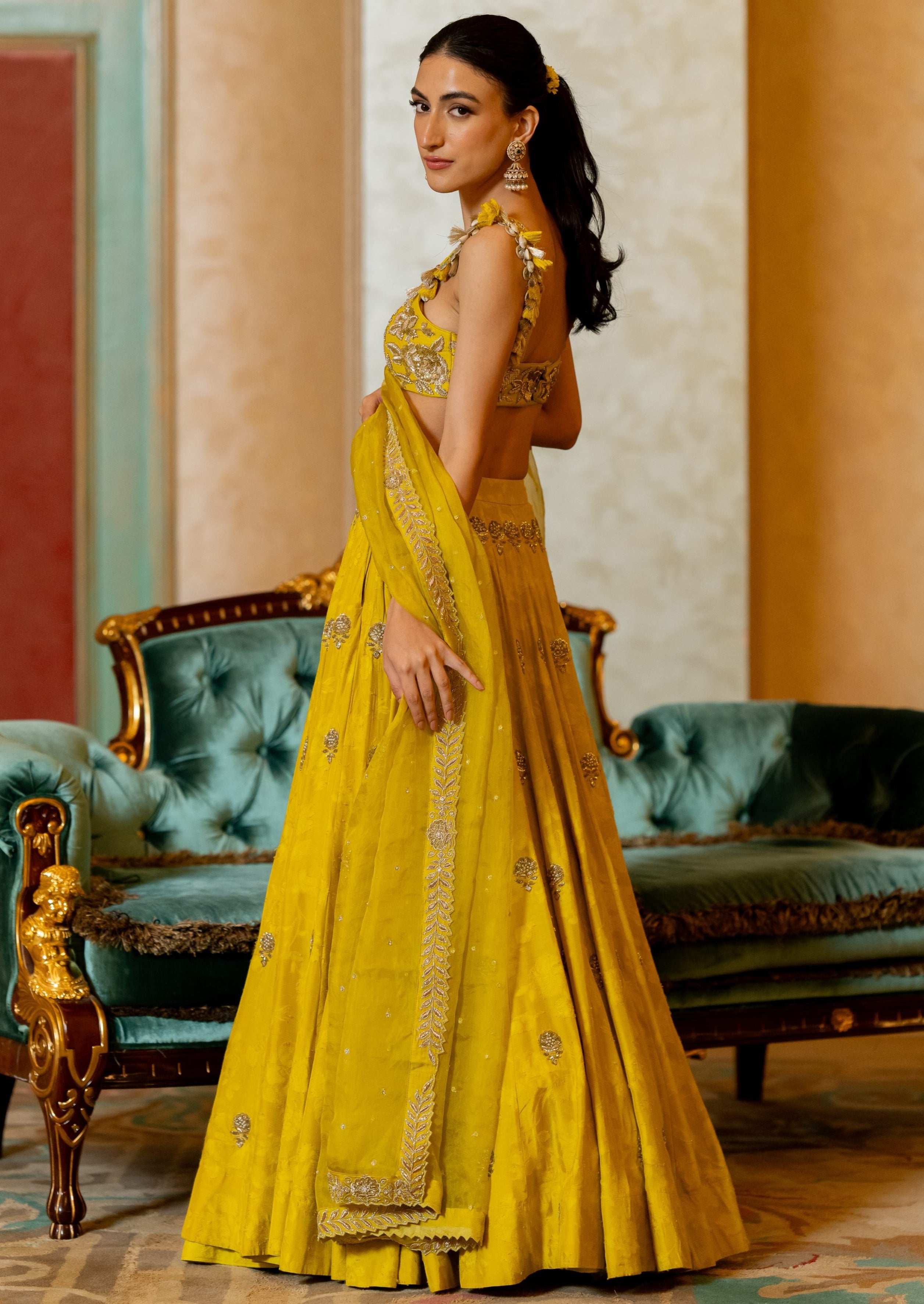 Lime Yellow Jacquard Lehenga Set