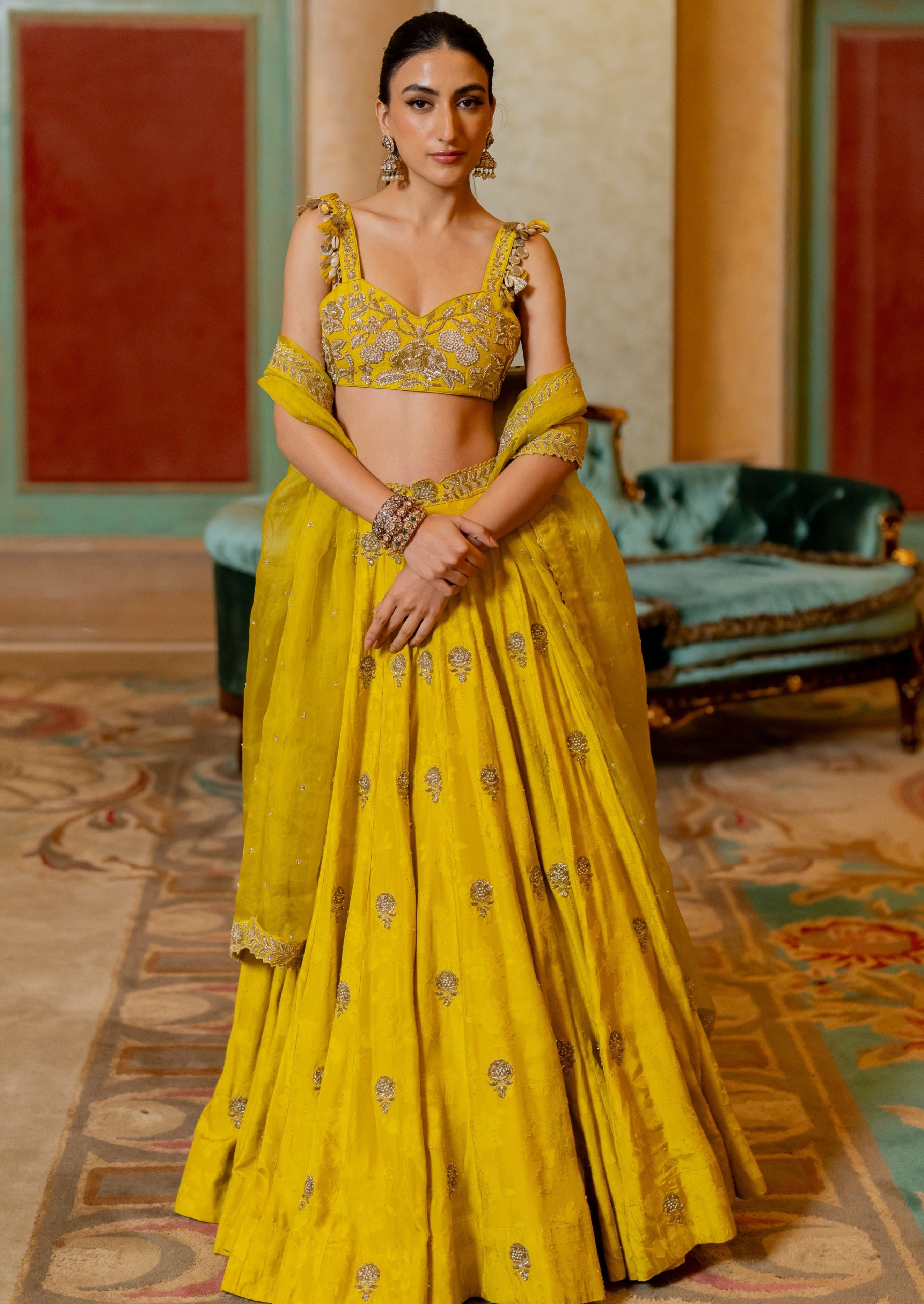 Lime Yellow Jacquard Lehenga Set