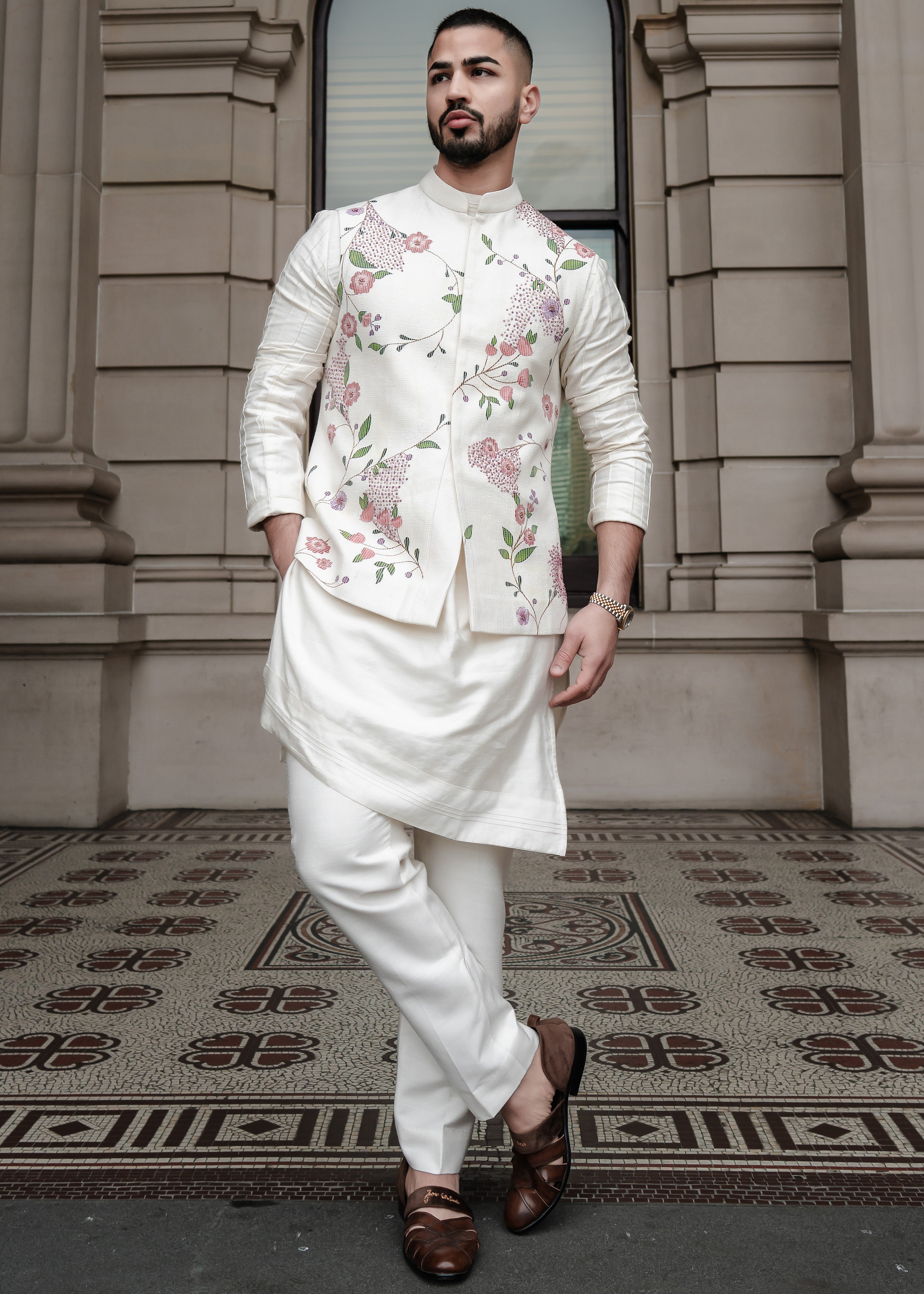 Porcelain Petals Nehru Jacket Set