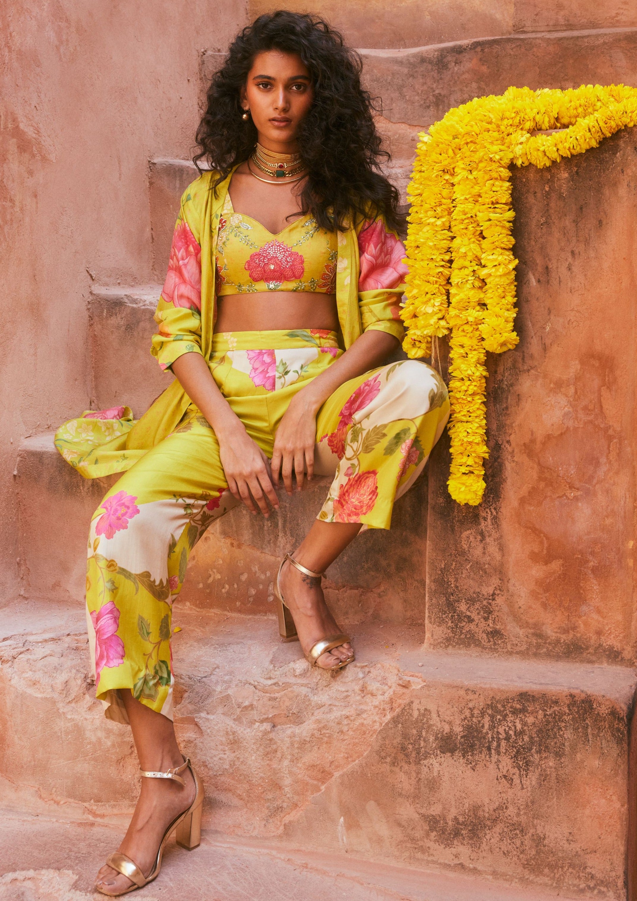 Lime Yellow Floral Robe Jacket Set