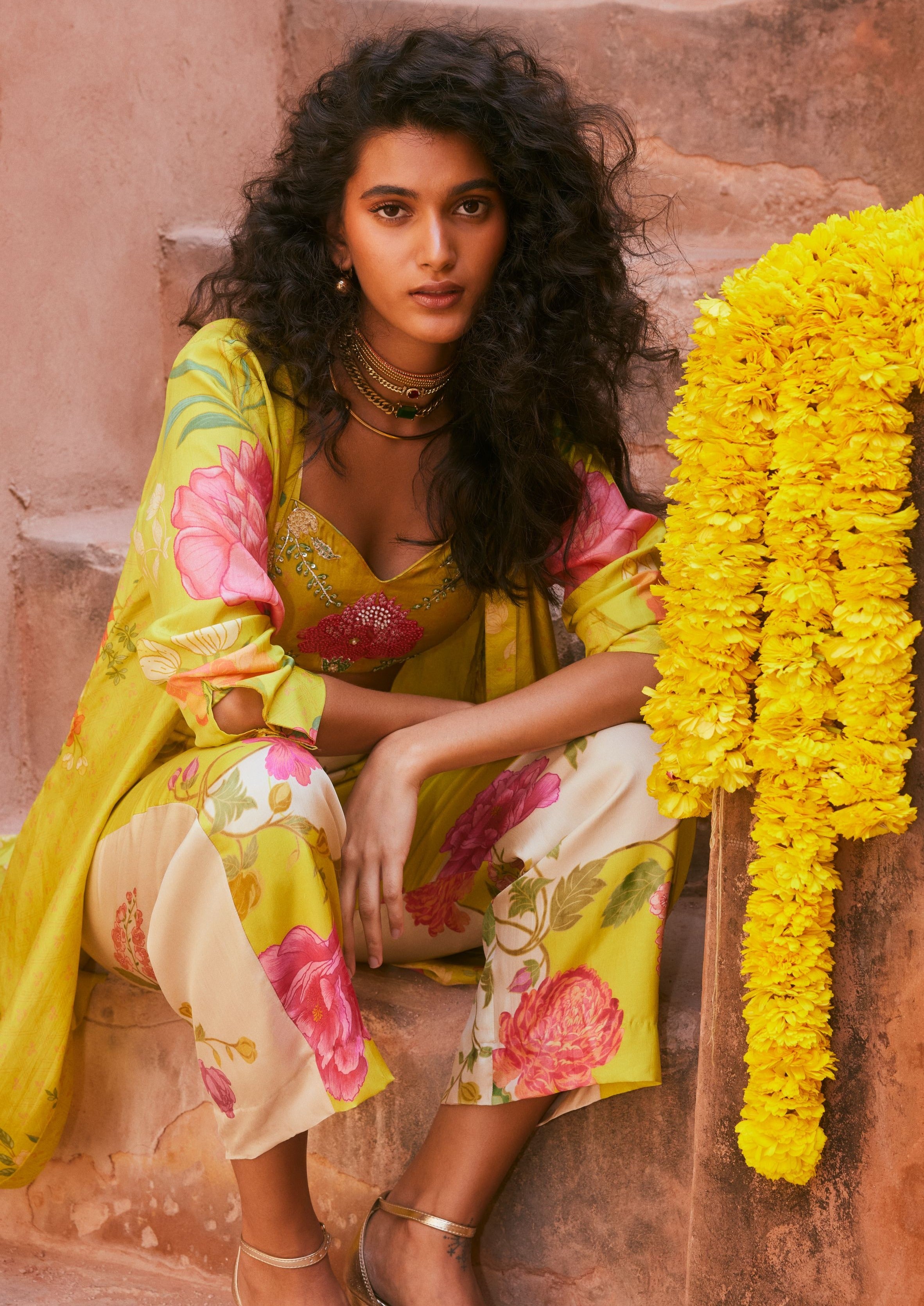 Lime Yellow Floral Robe Jacket Set