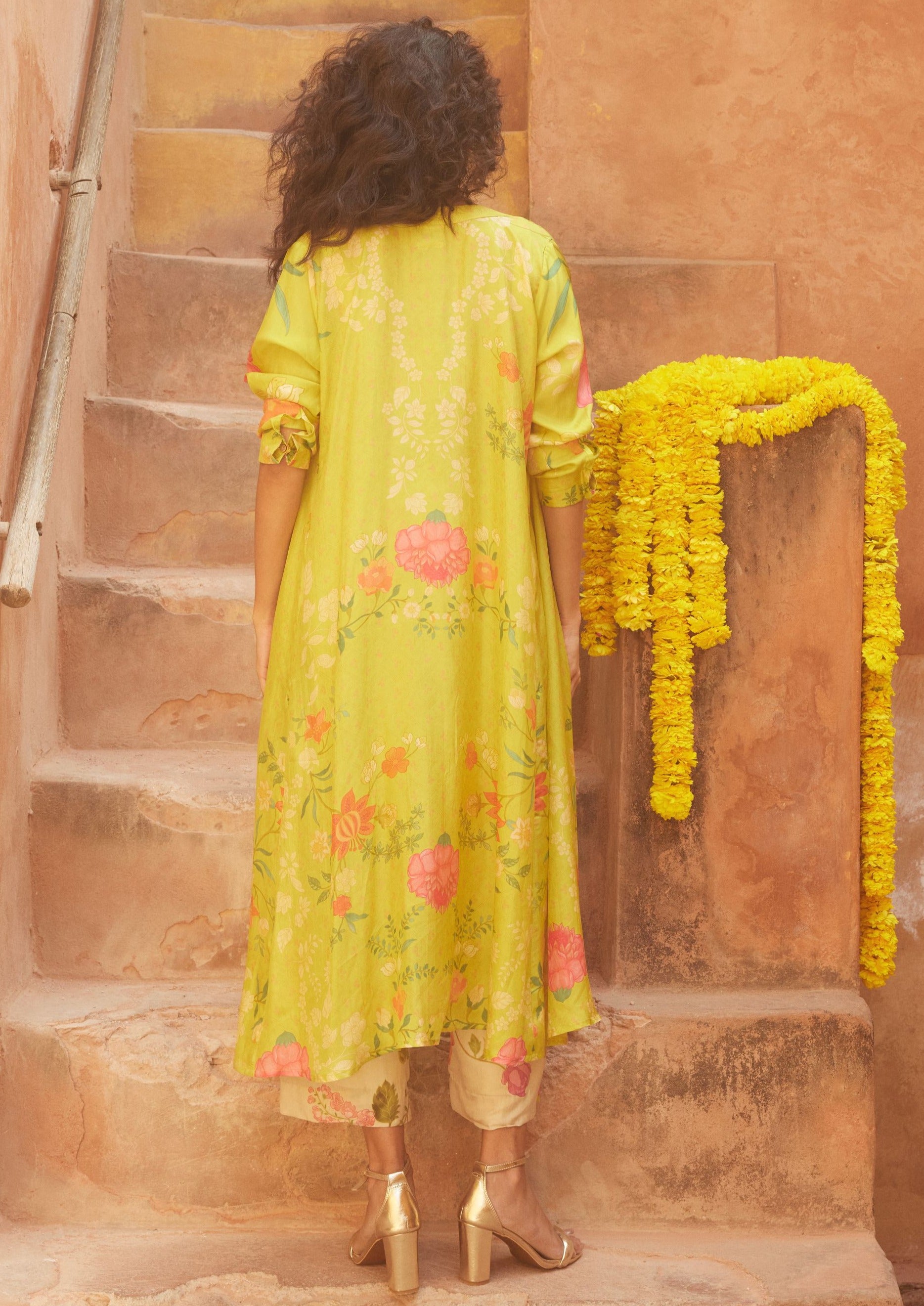 Lime Yellow Floral Robe Jacket Set