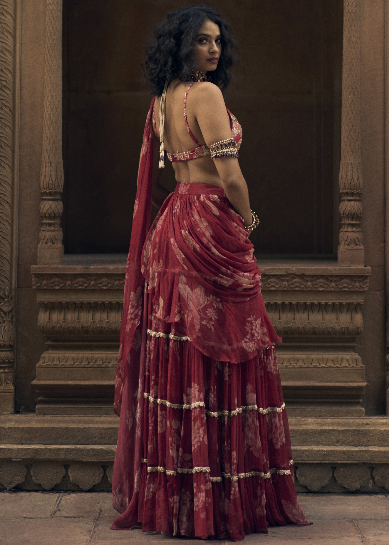 Deep Red Vintage Floral Chiffon Sari