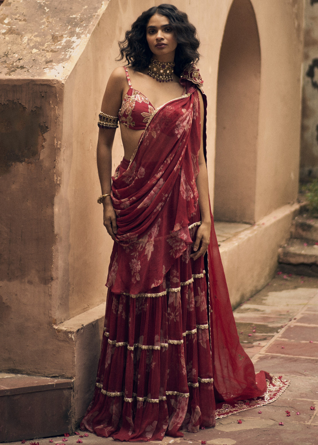 Deep Red Vintage Floral Chiffon Sari