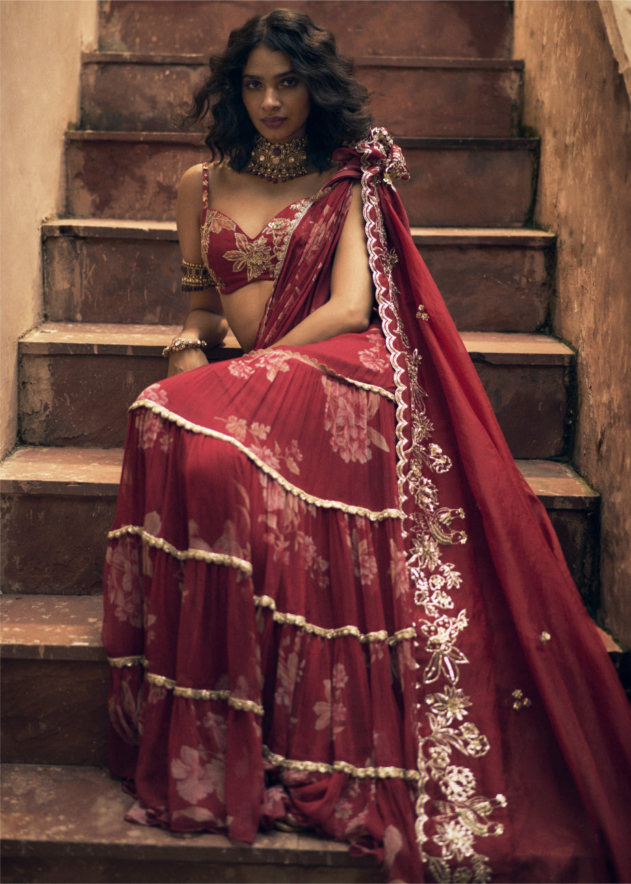 Deep Red Vintage Floral Chiffon Sari