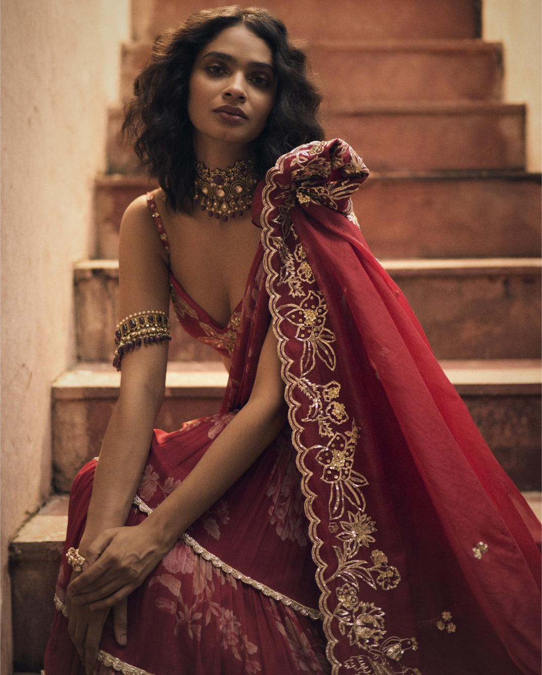 Deep Red Vintage Floral Chiffon Sari