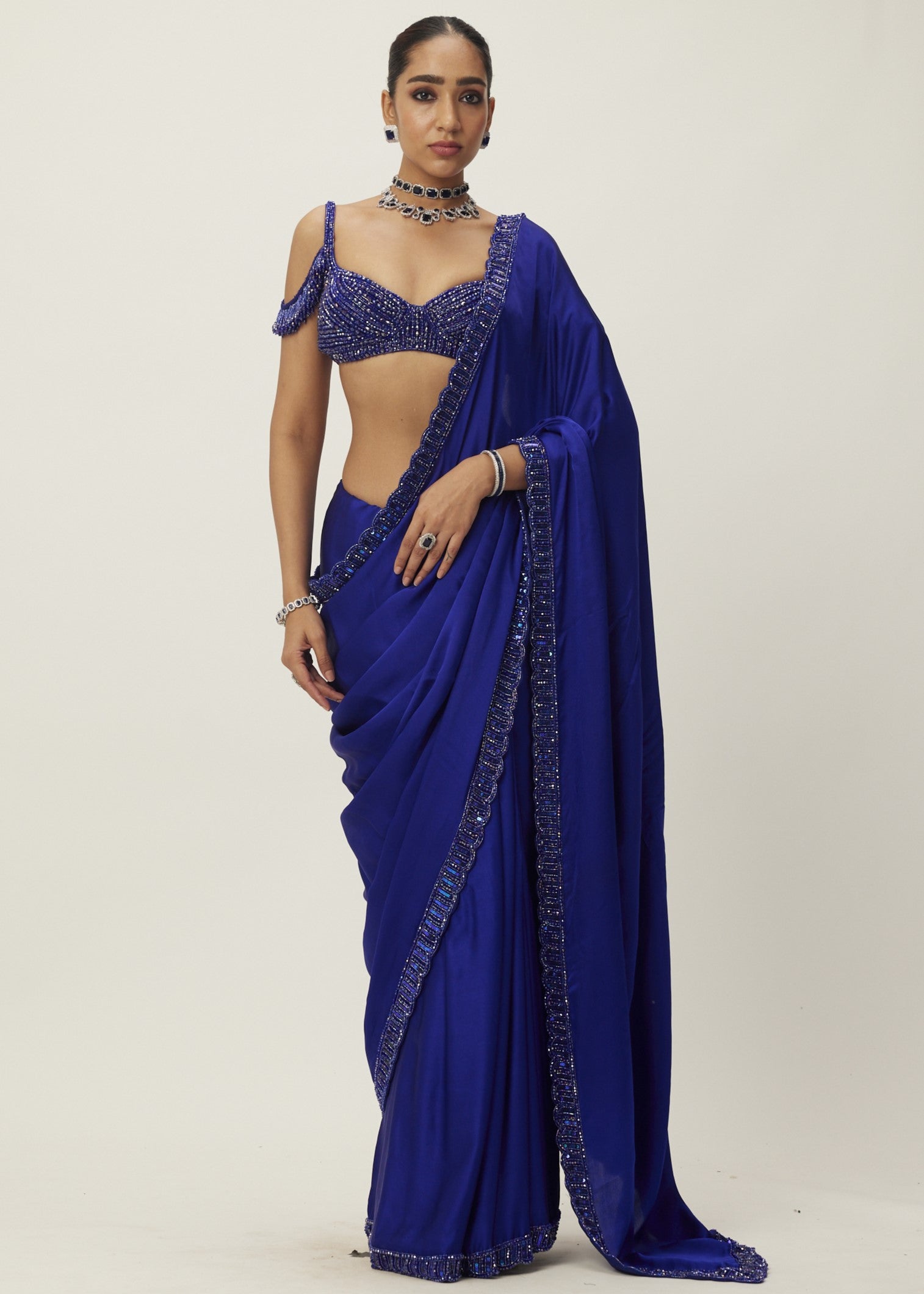 Cocktail Blue Satin Sari Set