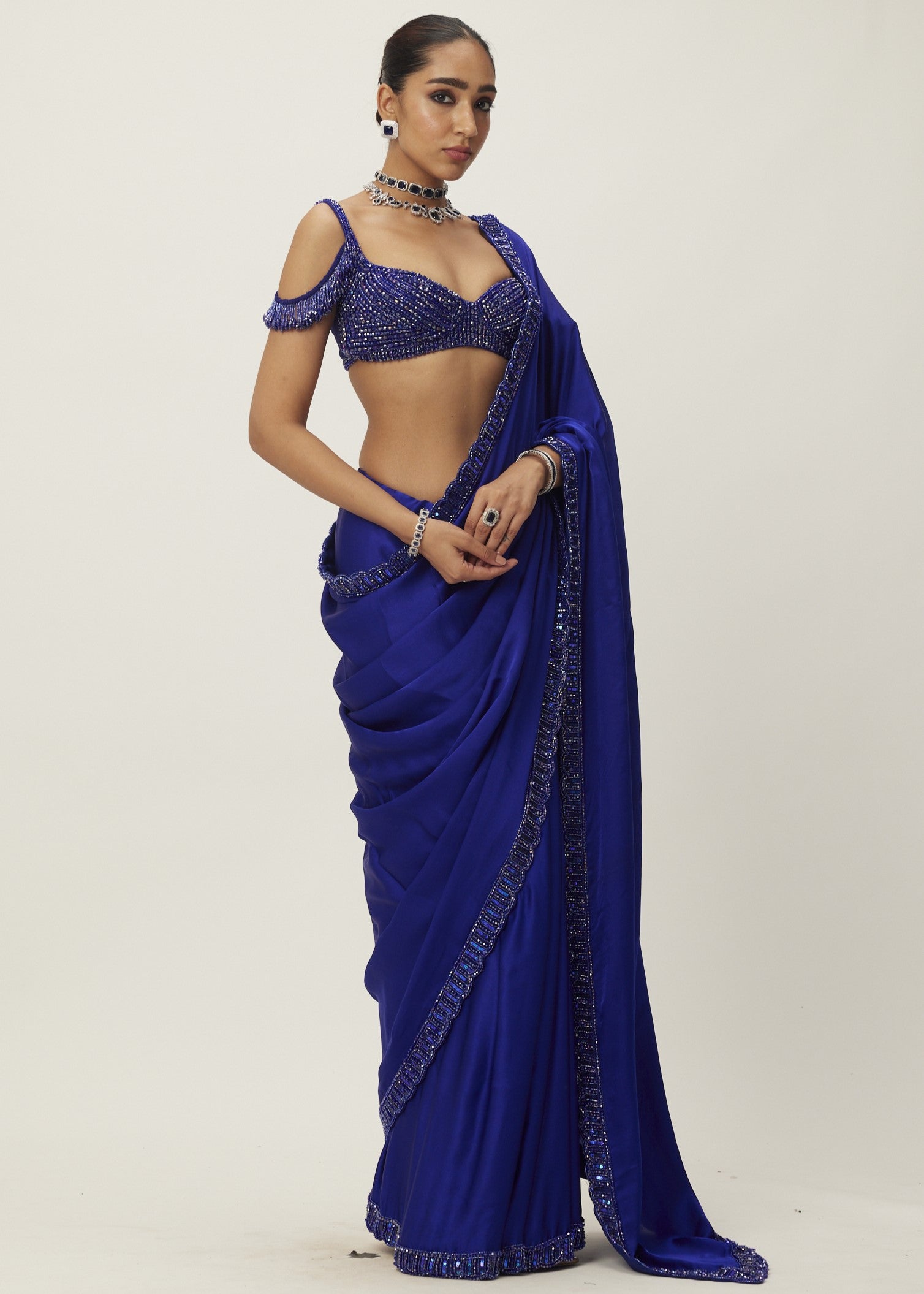 Cocktail Blue Satin Sari Set