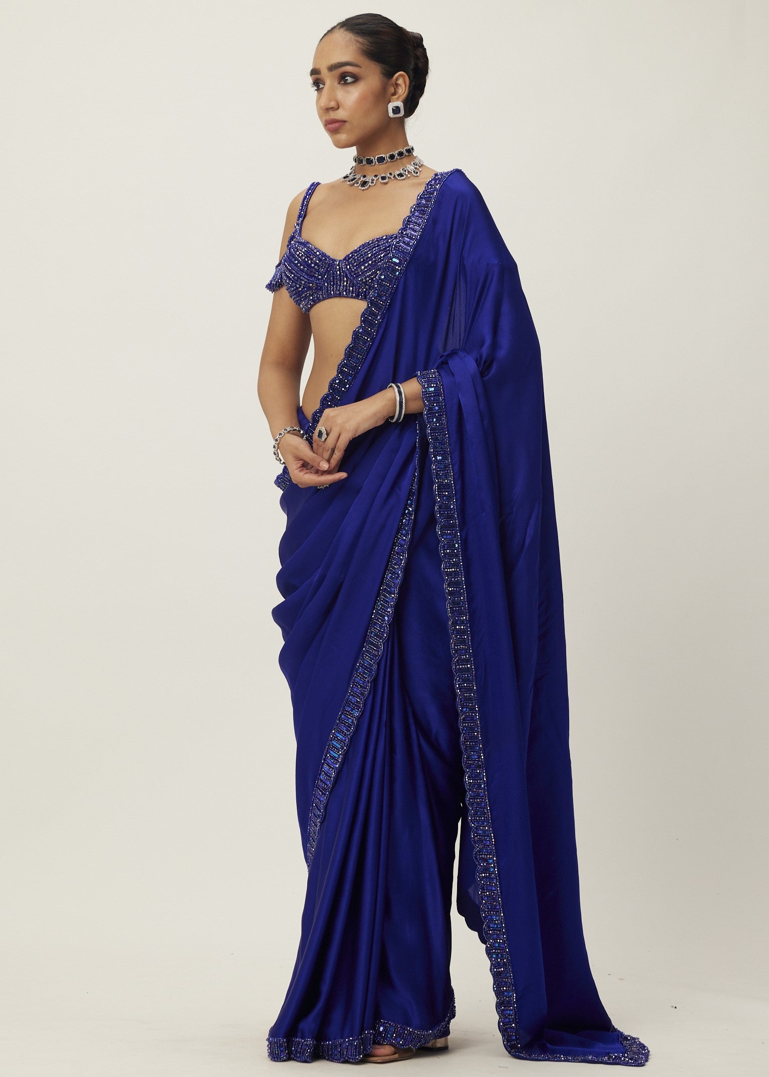 Cocktail Blue Satin Sari Set