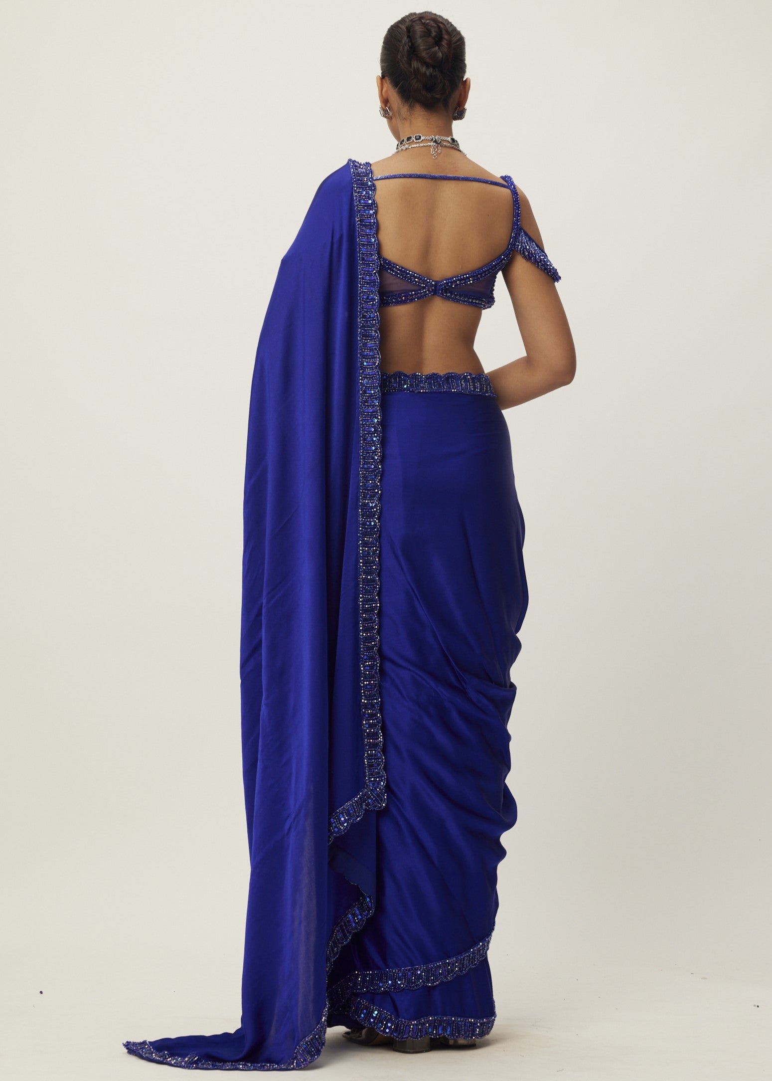 Cocktail Blue Satin Sari Set