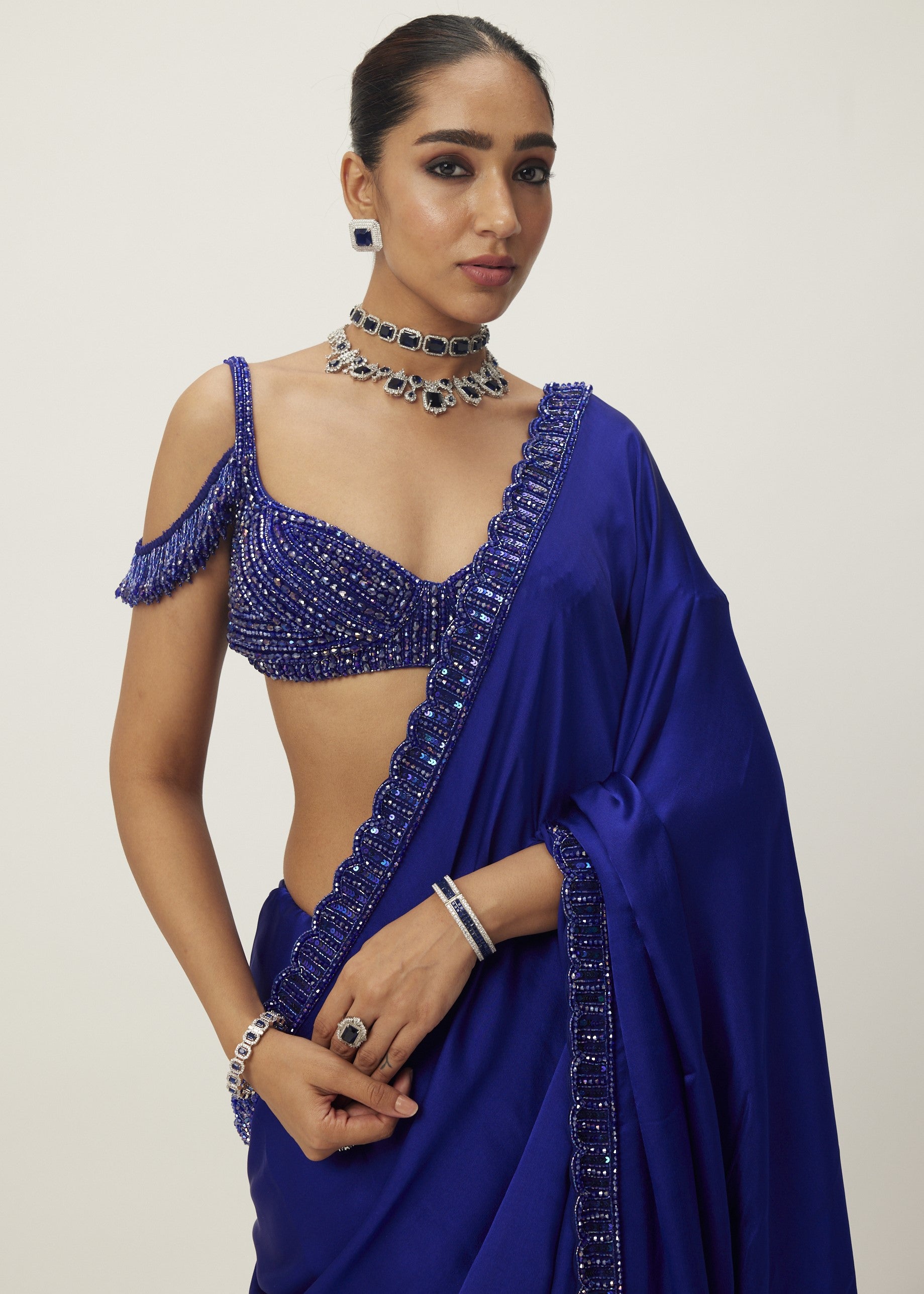 Cocktail Blue Satin Sari Set