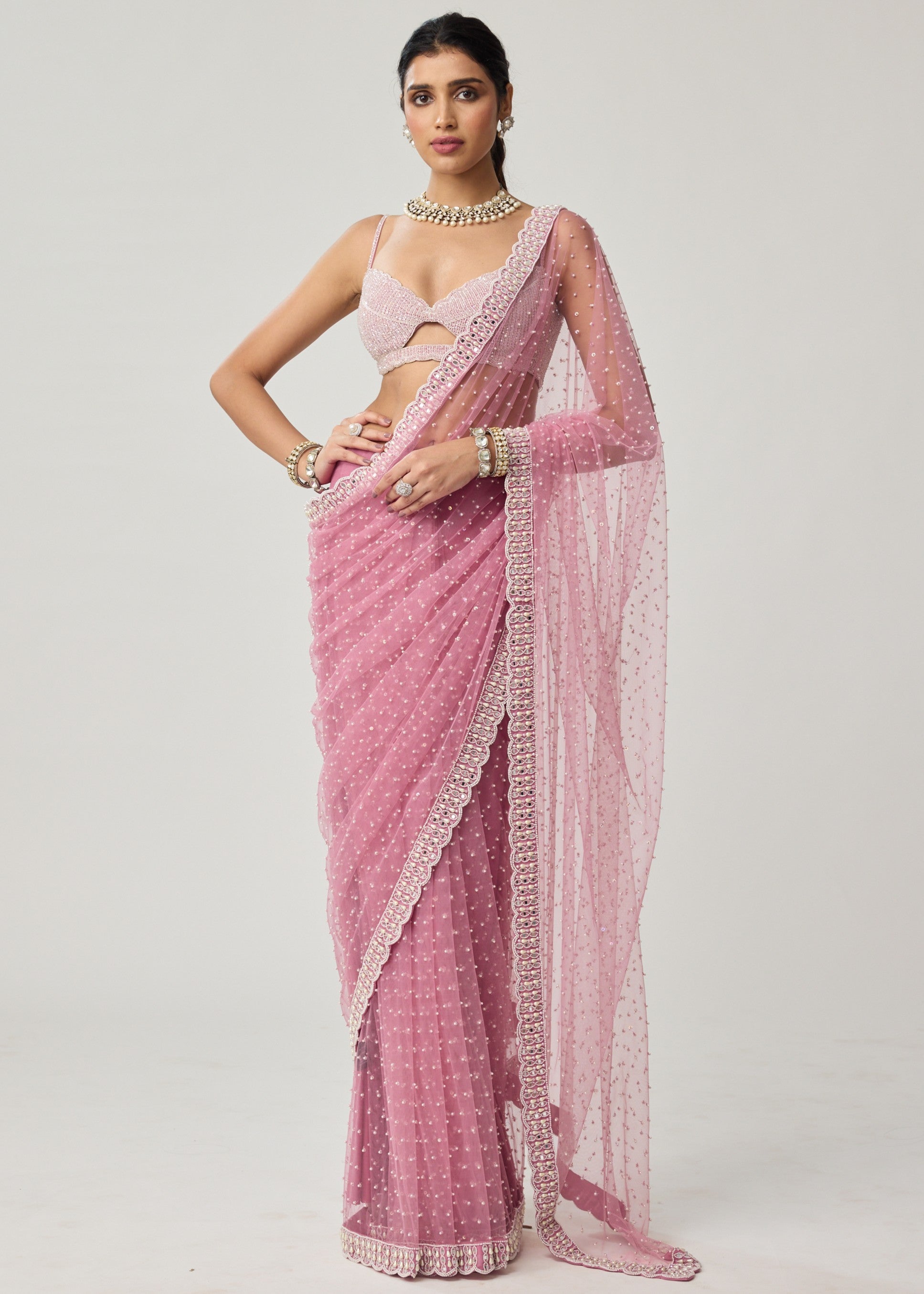 Onion Pink Pearl Scattered Net Sari Set