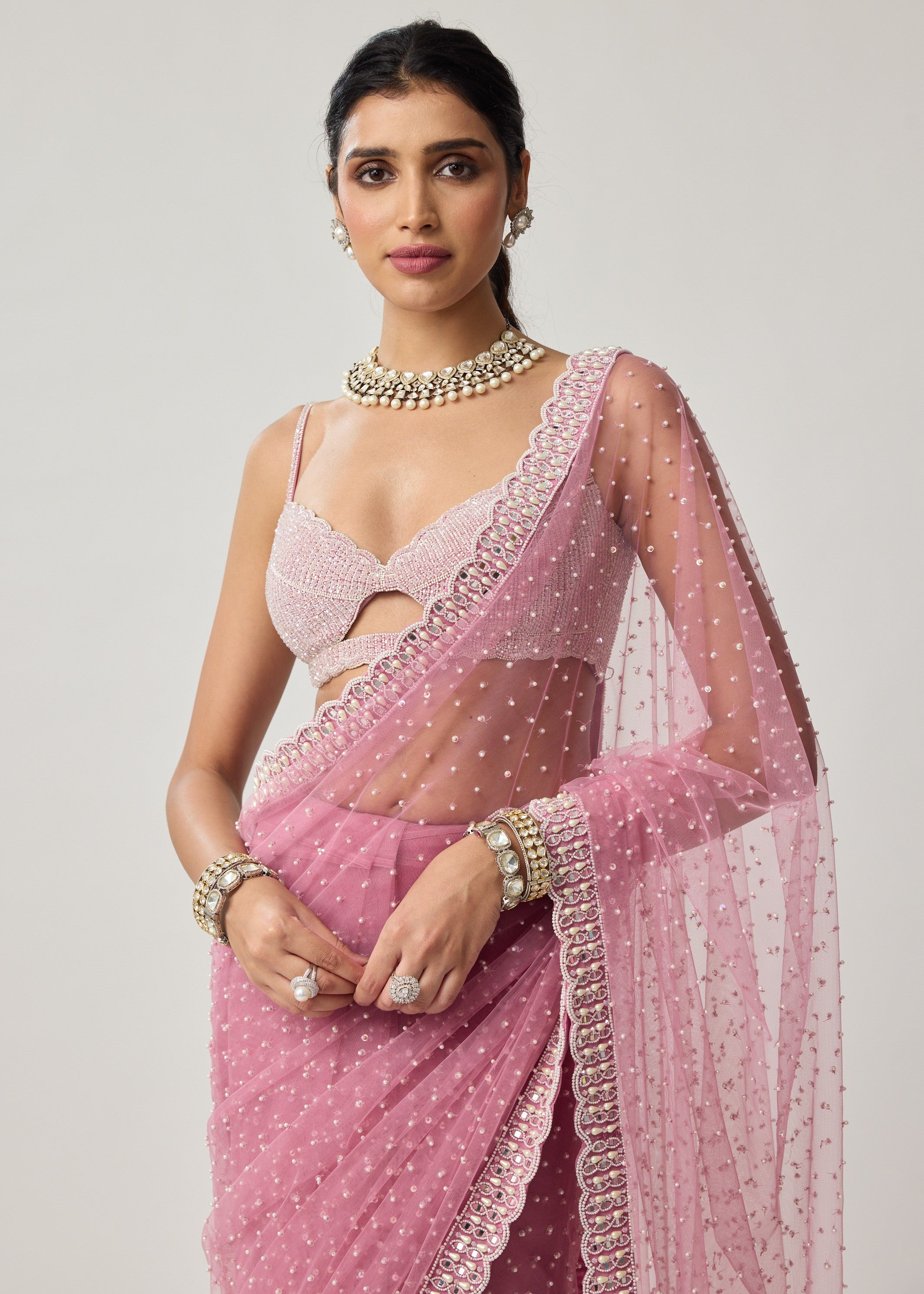 Onion Pink Pearl Scattered Net Sari Set