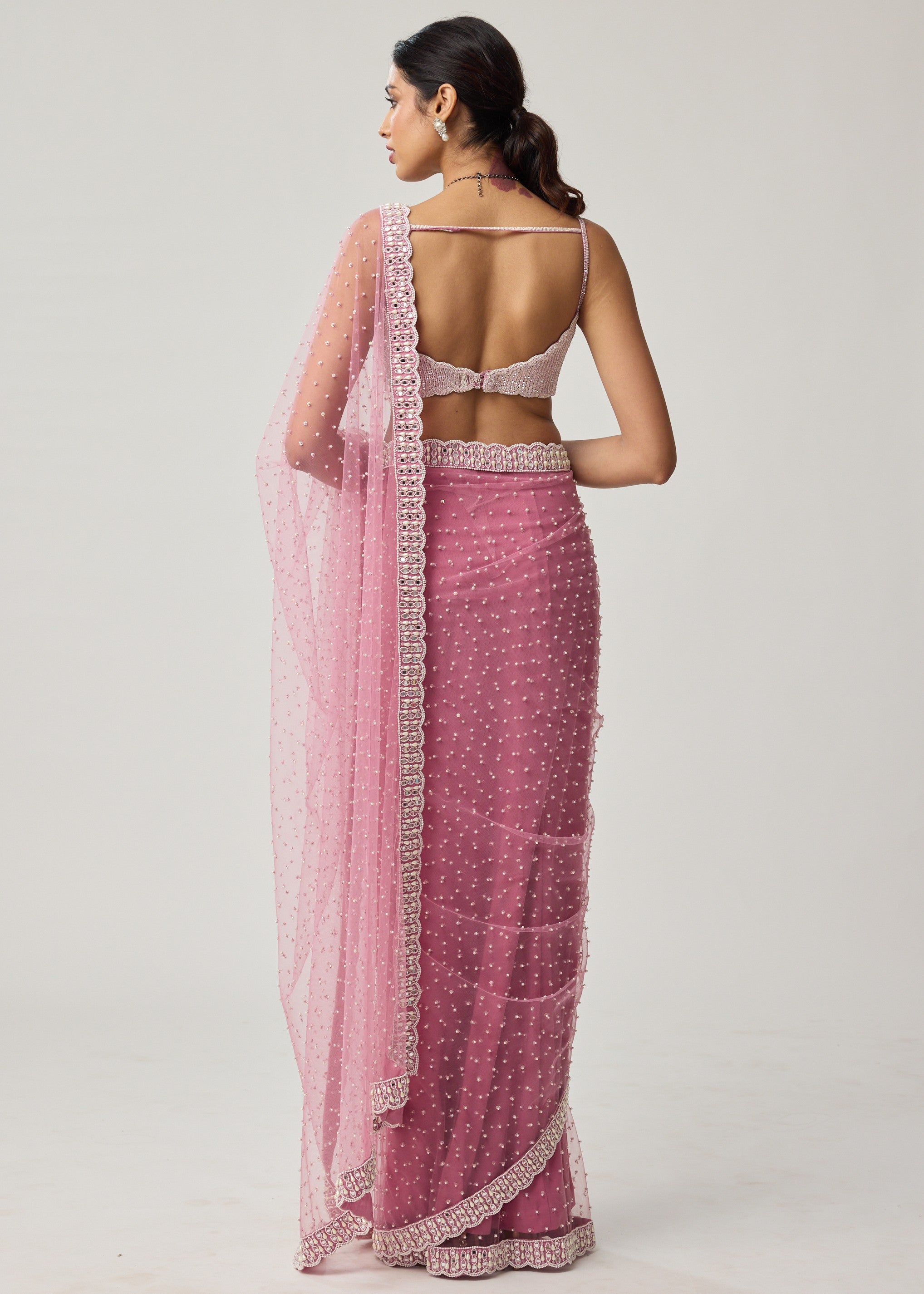 Onion Pink Pearl Scattered Net Sari Set