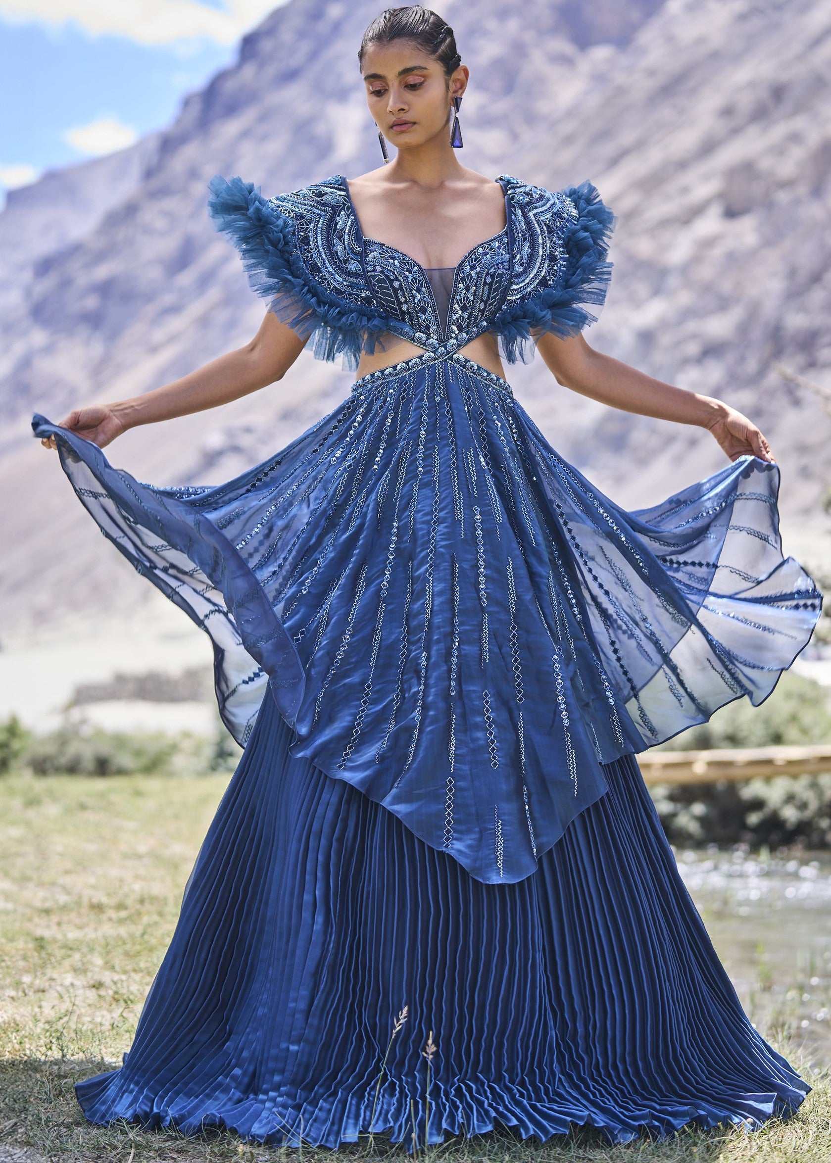 Deep Teal Blue Embroidered Layered Flared Gown