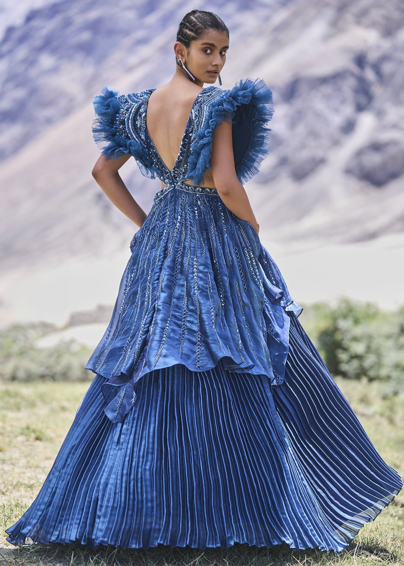 Deep Teal Blue Embroidered Layered Flared Gown