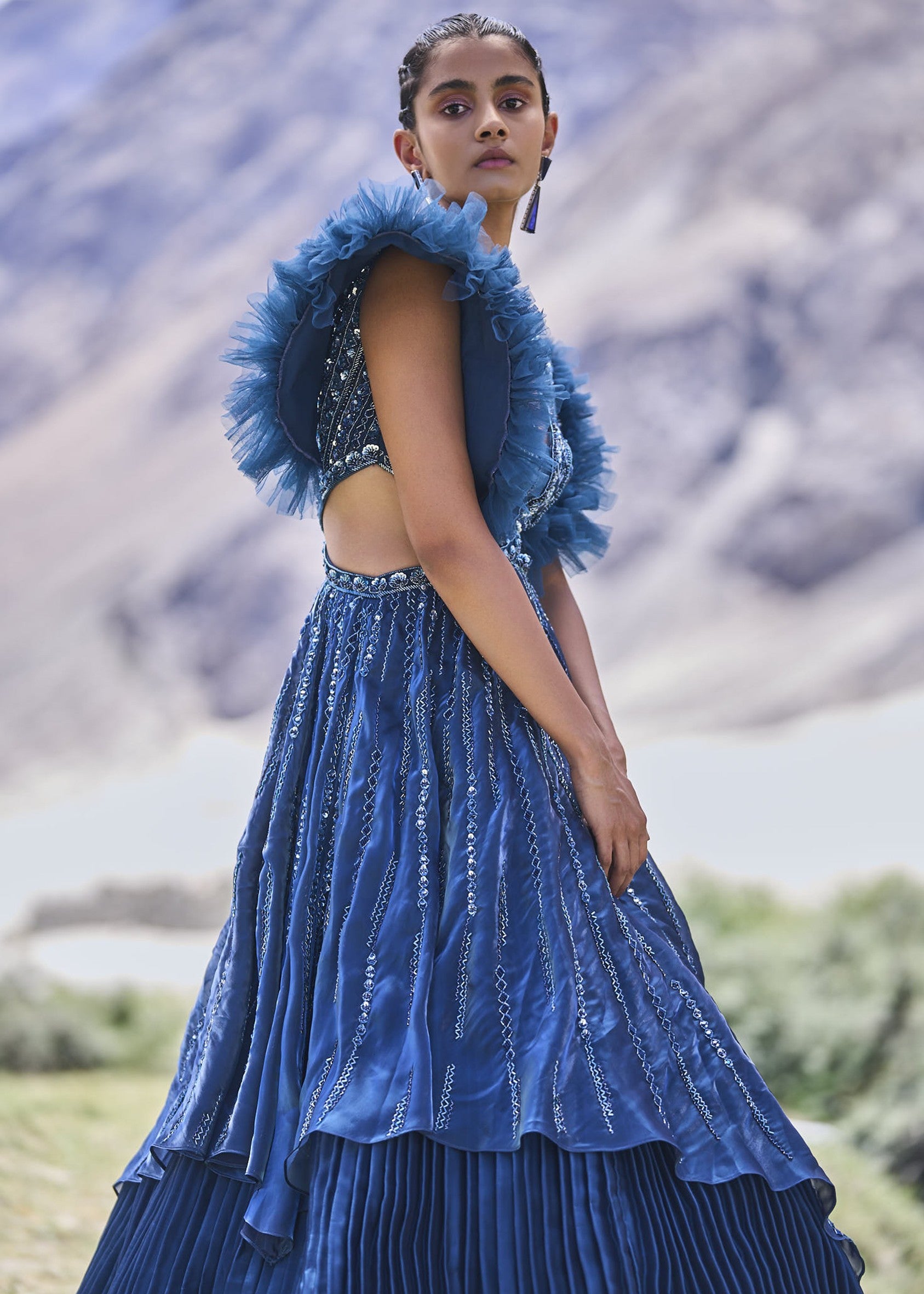 Deep Teal Blue Embroidered Layered Flared Gown