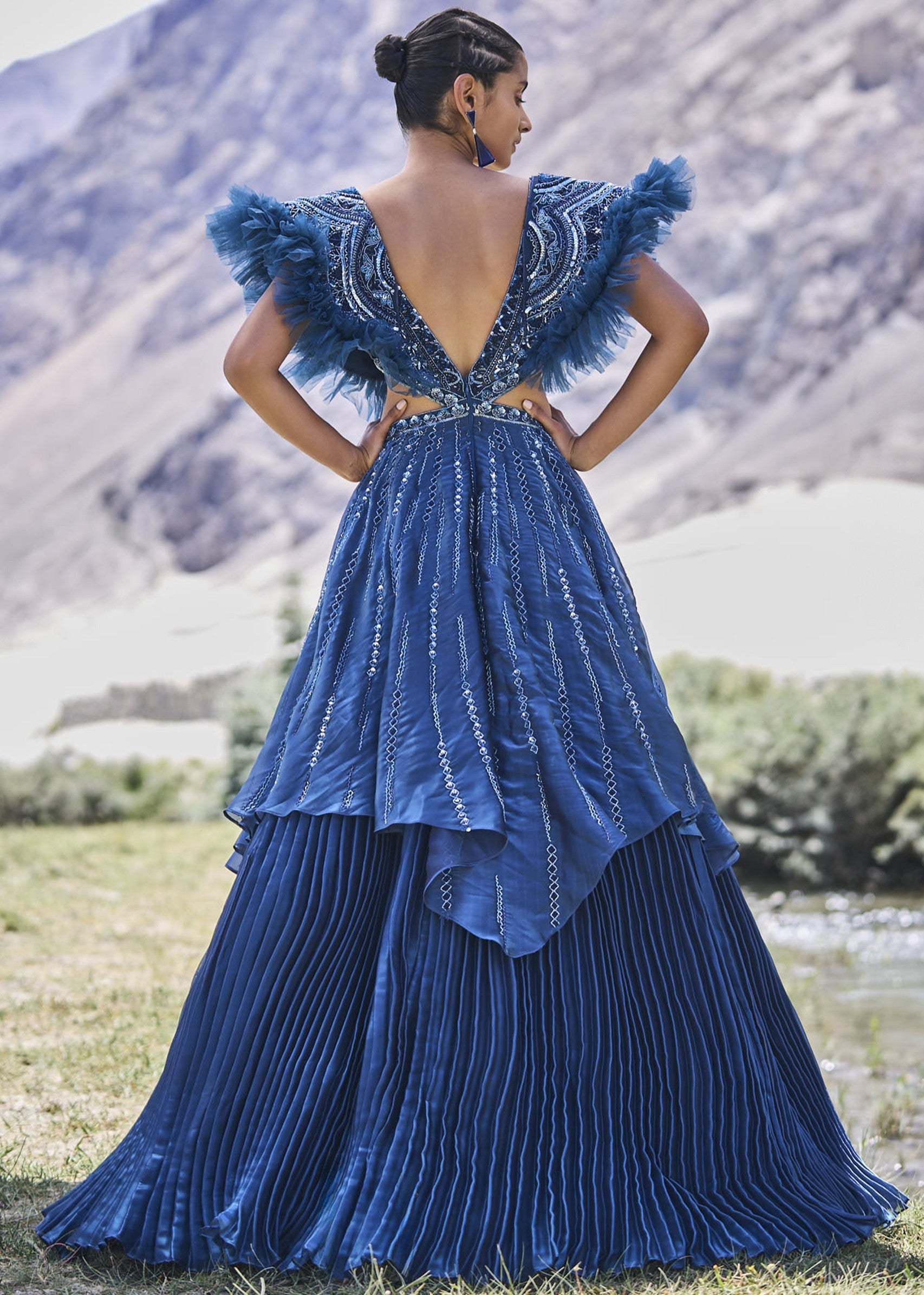 Deep Teal Blue Embroidered Layered Flared Gown