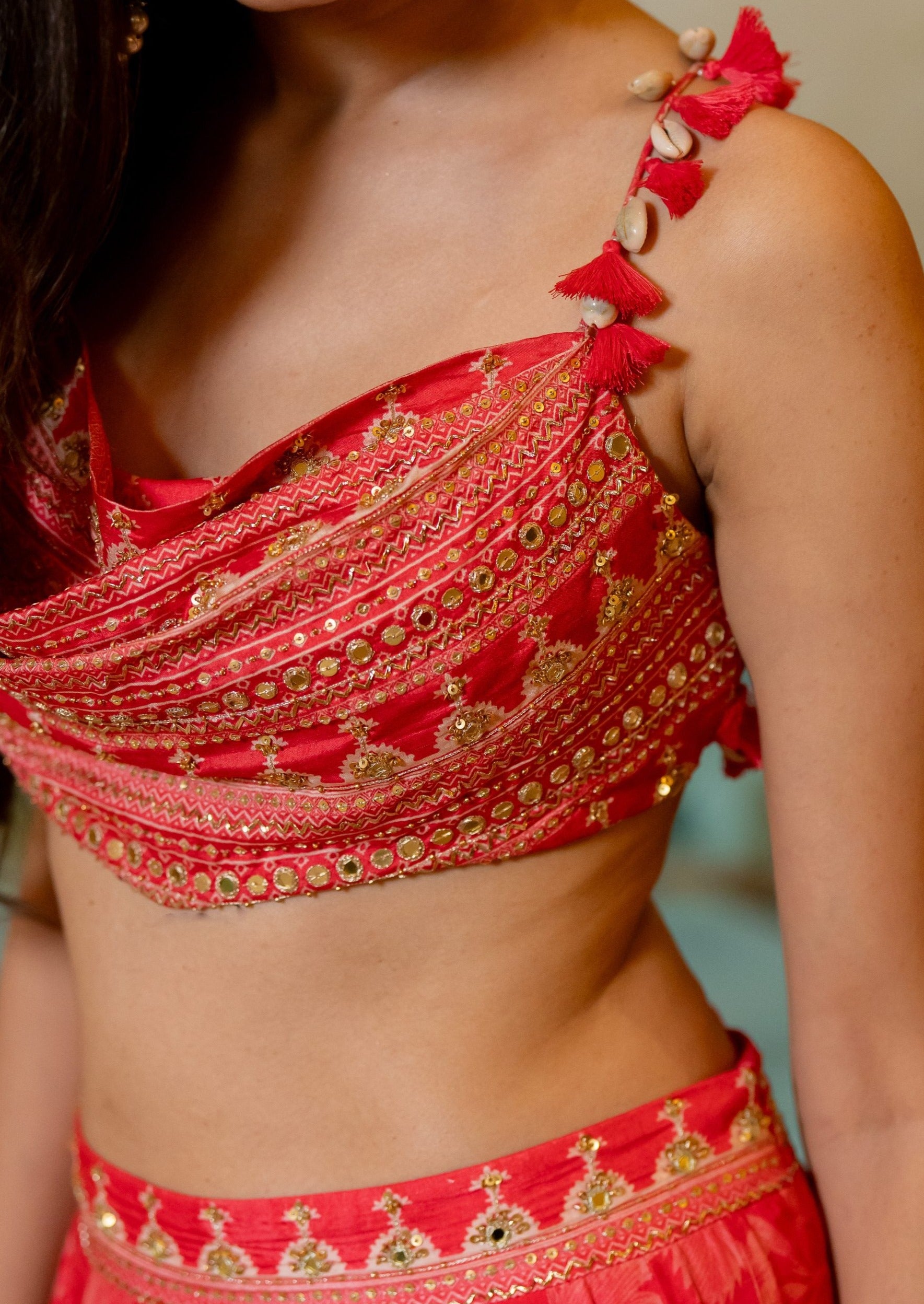 Cherry Red Monotone Printed Lehenga Set