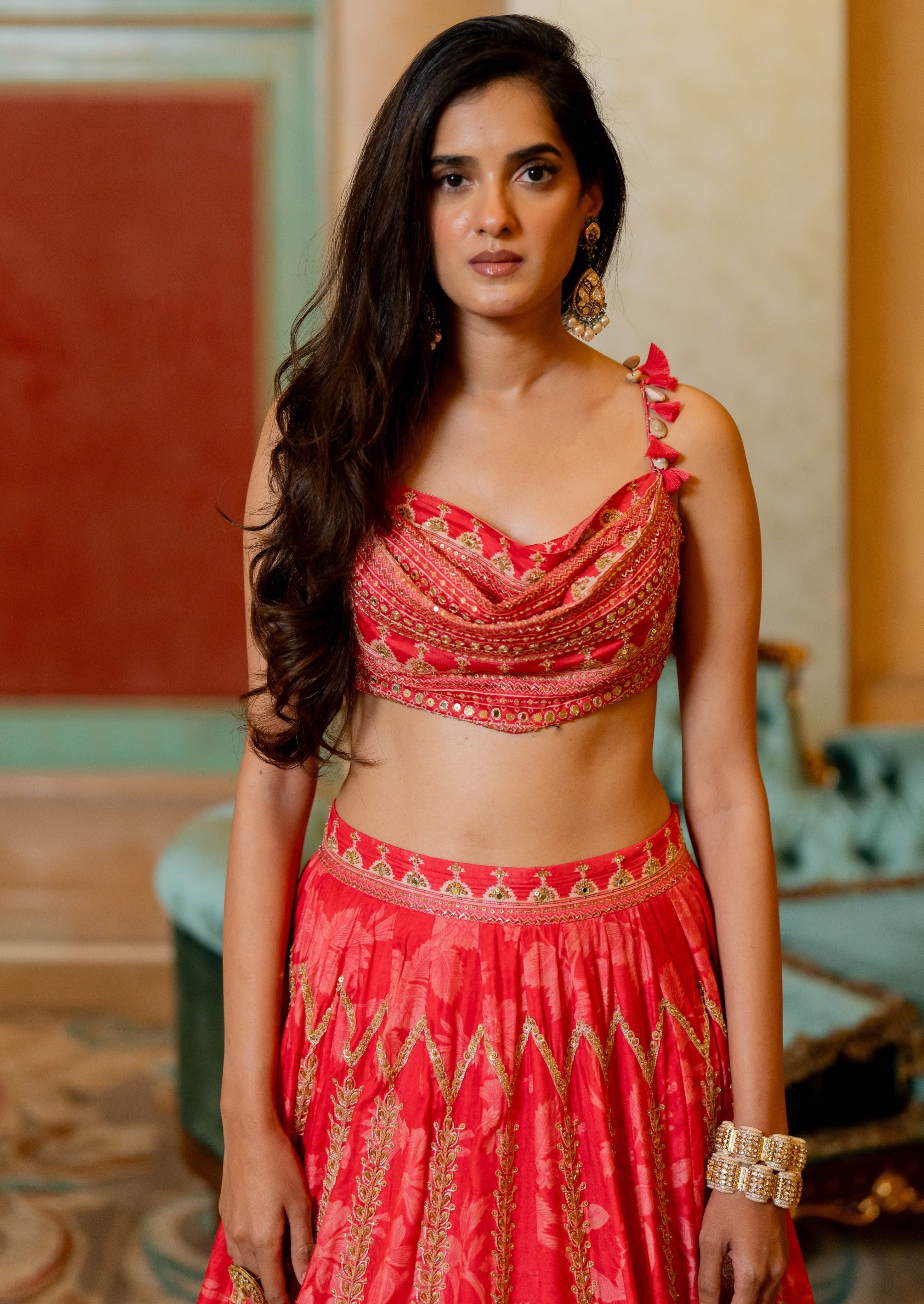 Cherry Red Monotone Printed Lehenga Set