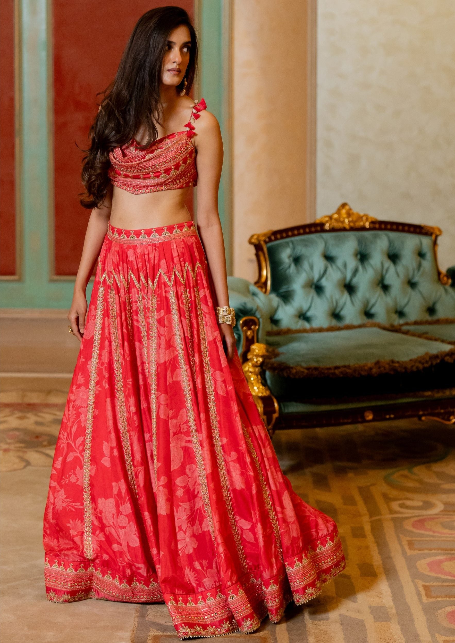 Cherry Red Monotone Printed Lehenga Set