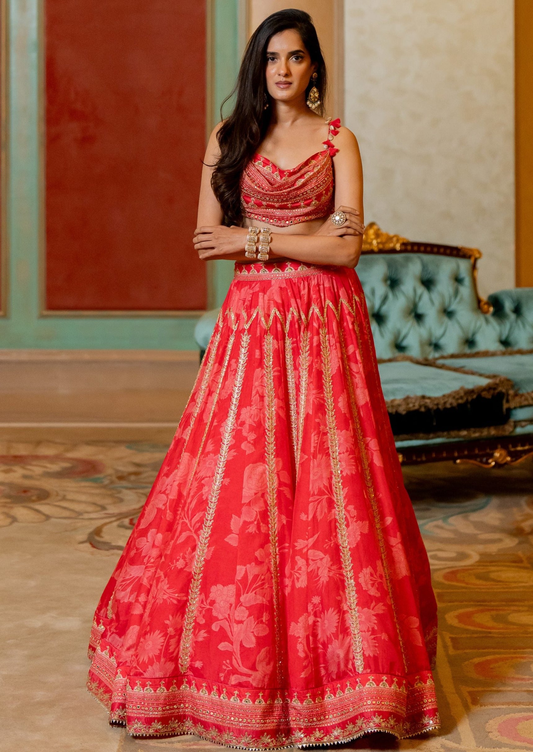 Cherry Red Monotone Printed Lehenga Set