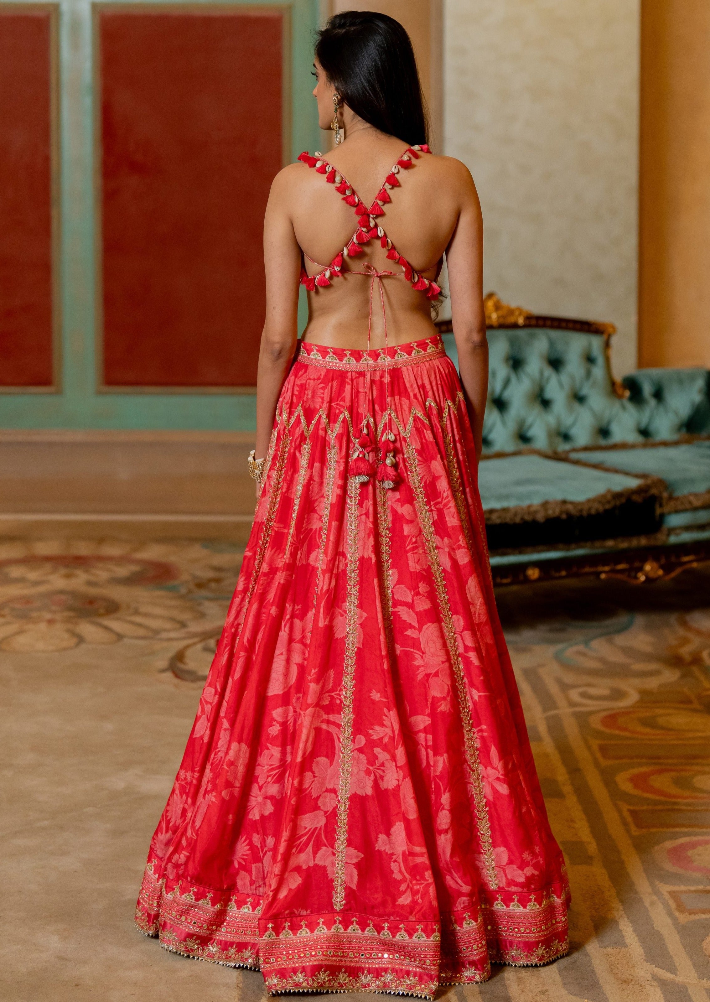 Cherry Red Monotone Printed Lehenga Set