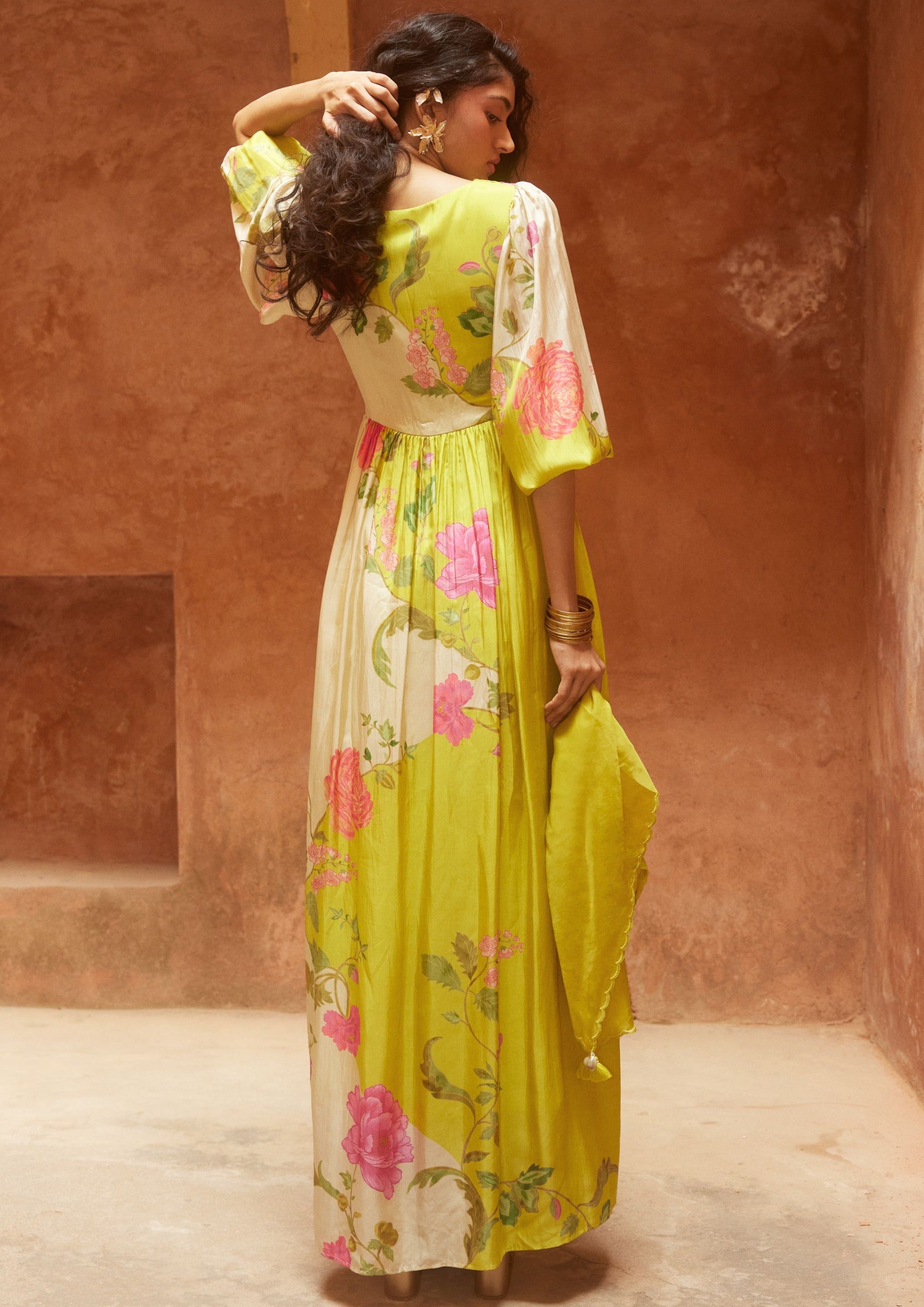 Lime Yellow with Multicolored Floral Print Maxi Dress