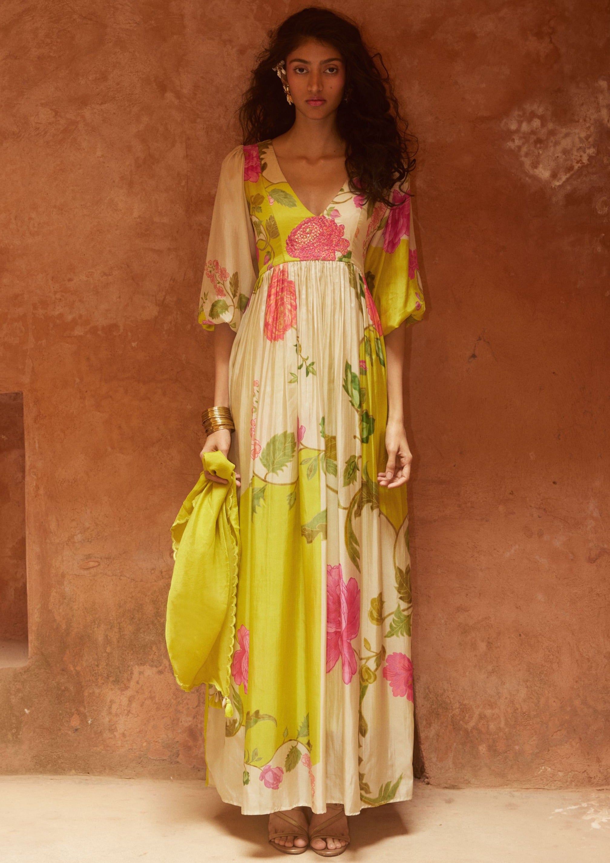 Pink Florals Romantic Silhoutte Maxi Dress - Lime Yellow / M