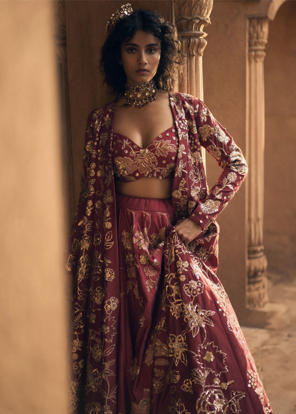 Deep Red Floral Print Lehenga With Jacket Set