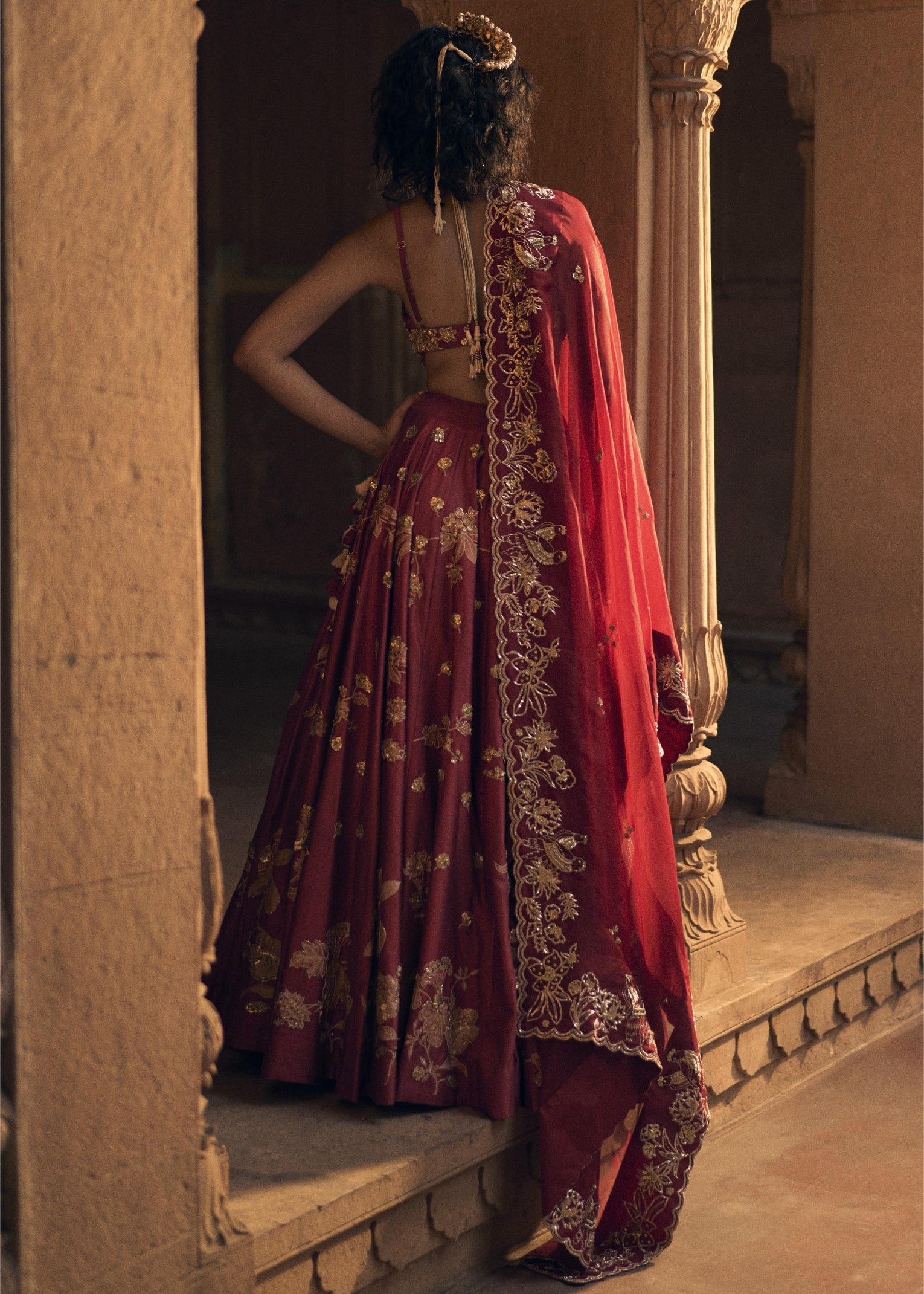 Deep Red Floral Print Lehenga With Jacket Set