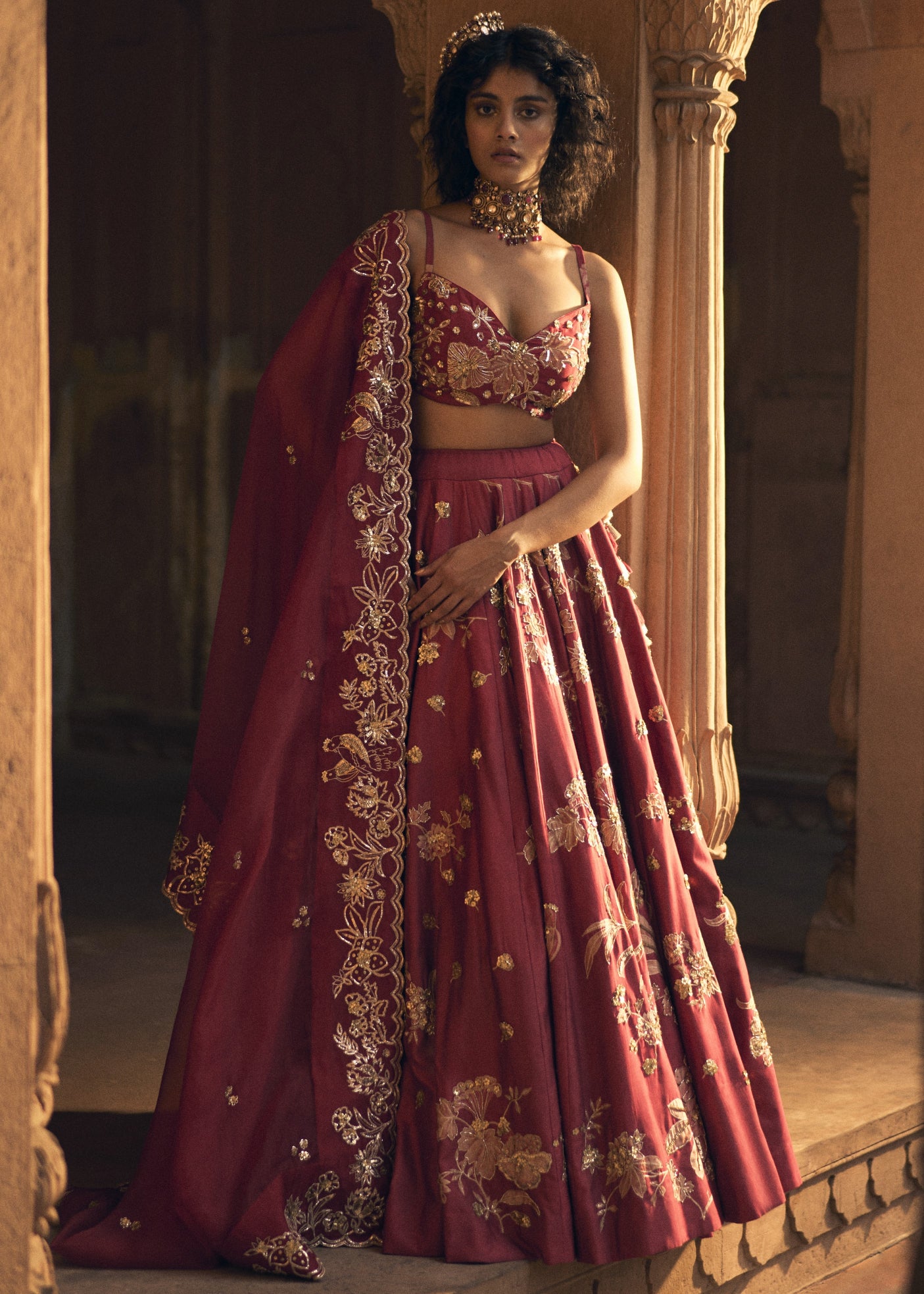 Deep Red Floral Print Lehenga With Jacket Set
