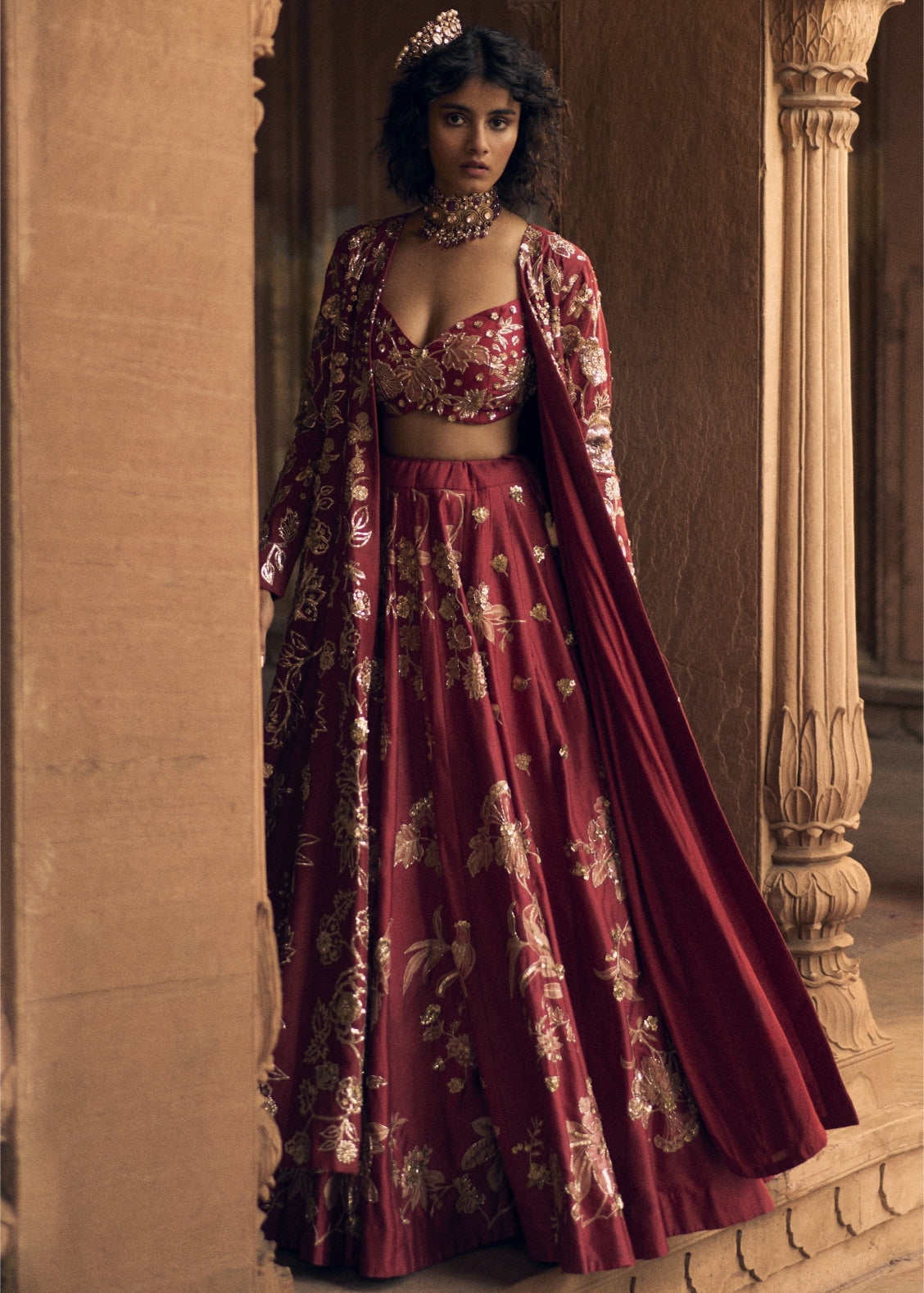 Deep Red Floral Print Lehenga With Jacket Set