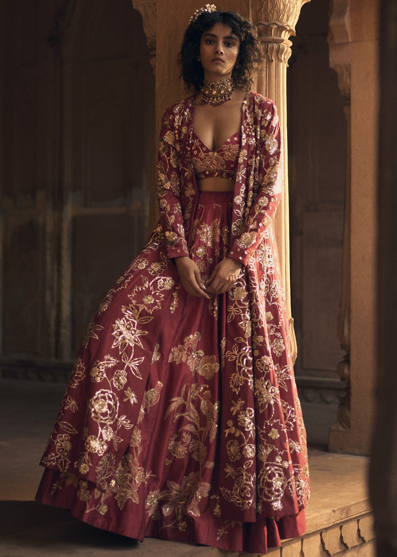 Deep Red Floral Print Lehenga With Jacket Set