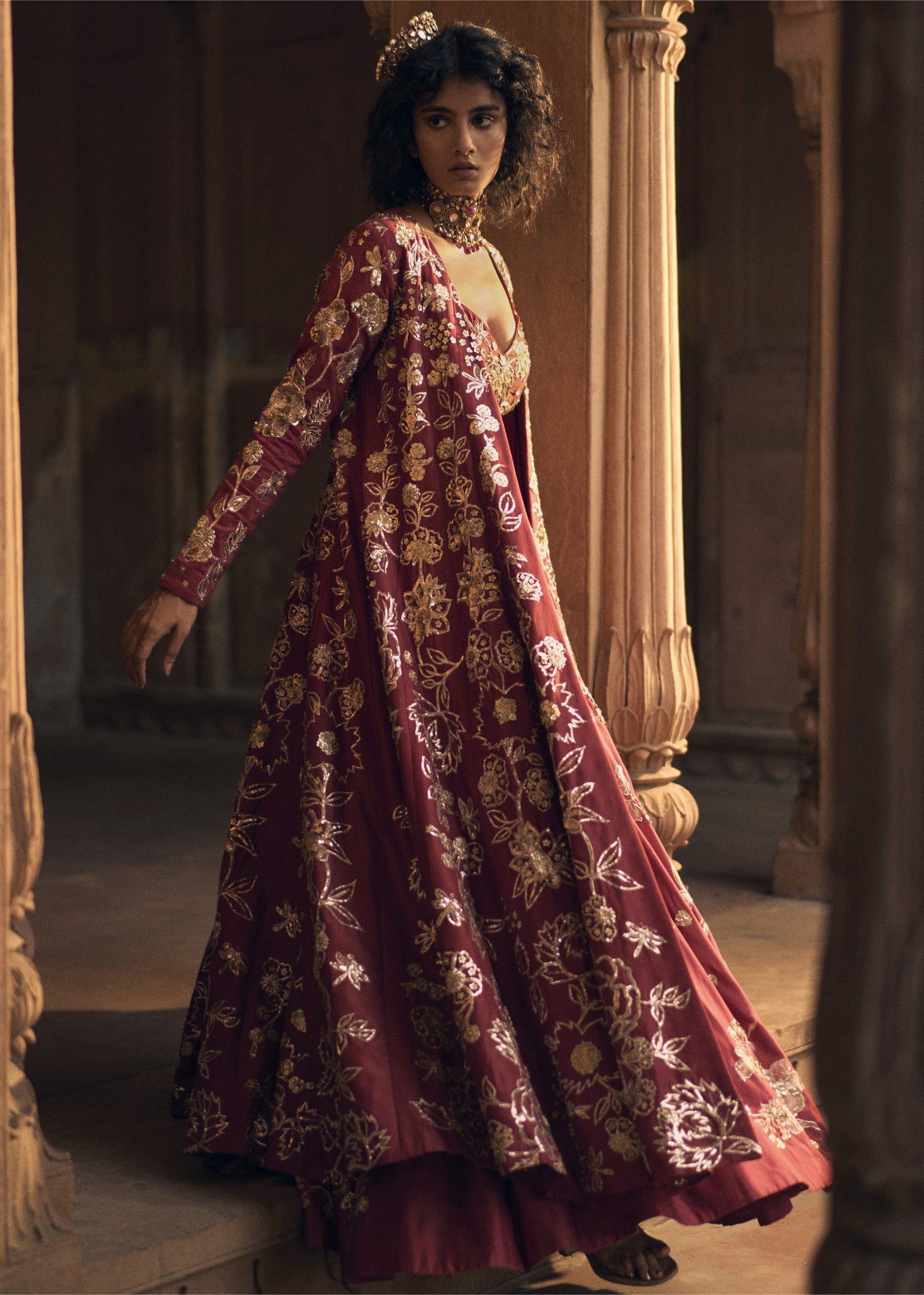 Deep Red Floral Print Lehenga With Jacket Set