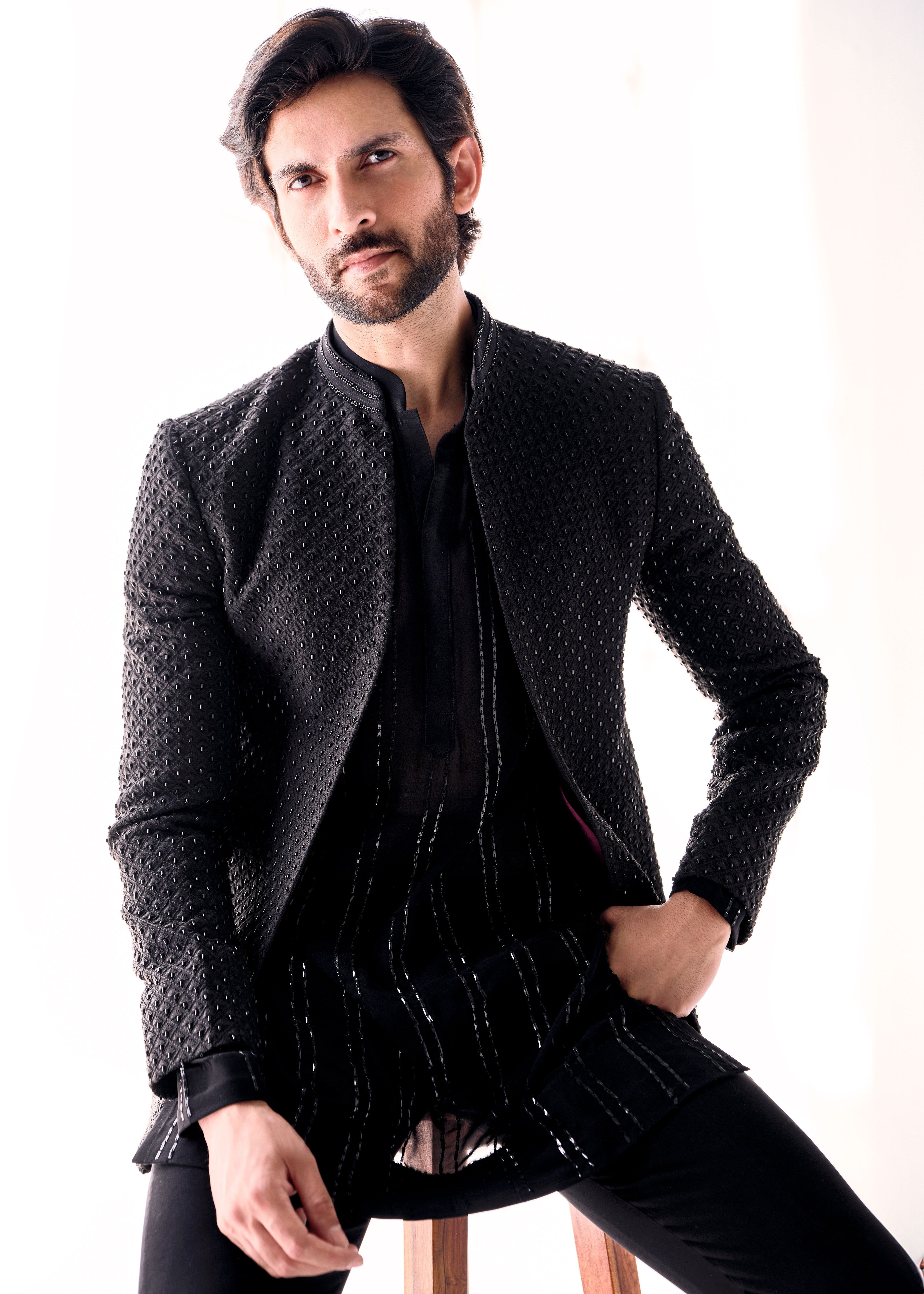 Black Selfwork Cutdana Kurta