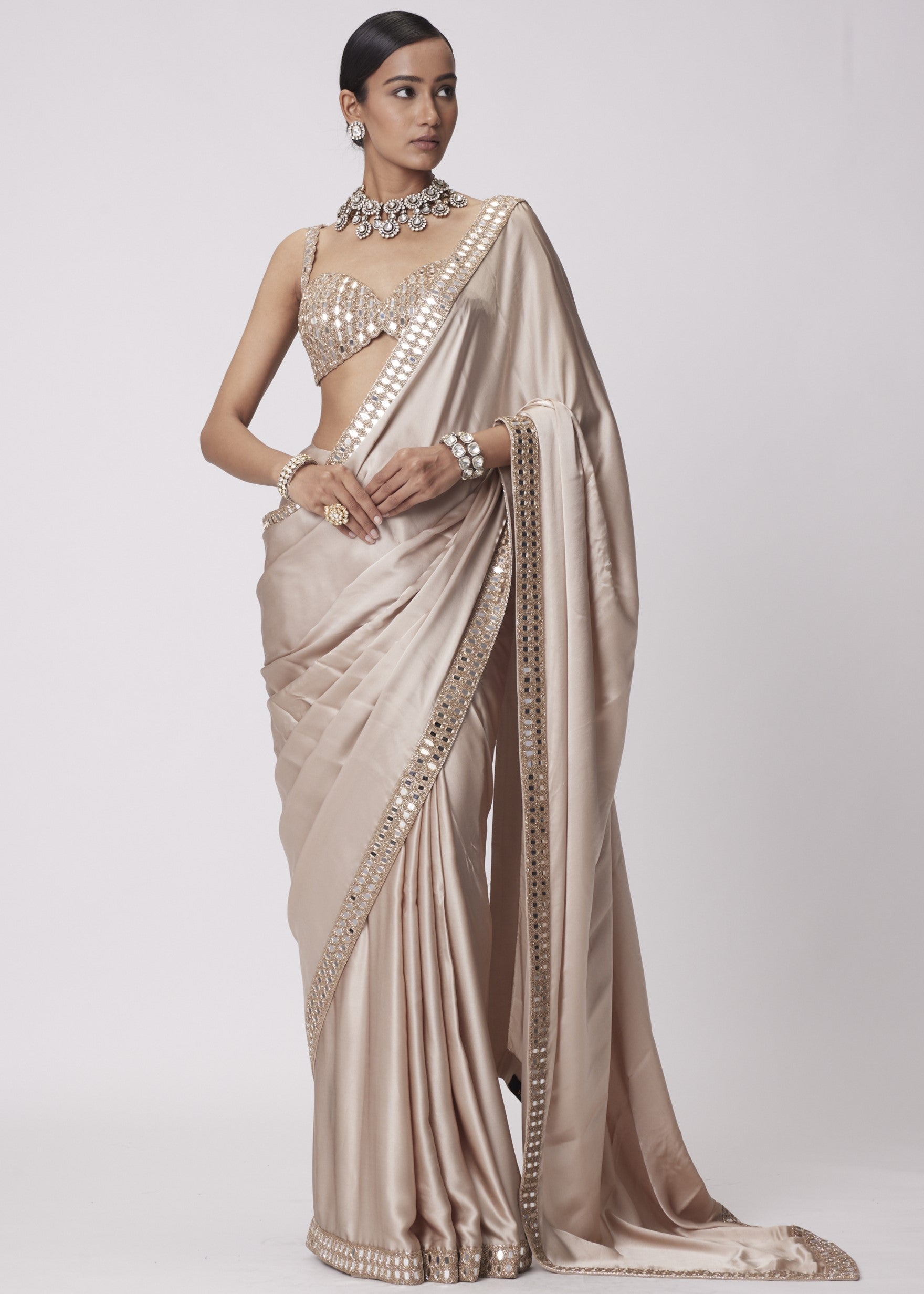 Light Beige Satin Sari Set