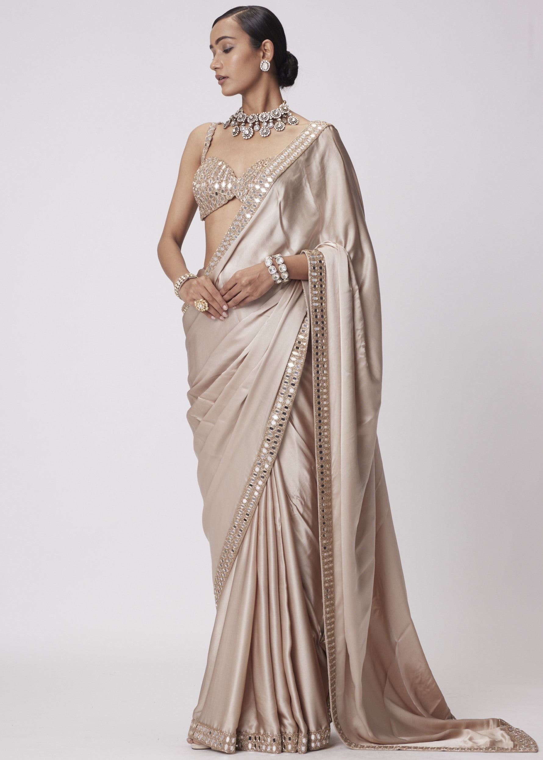 Light Beige Satin Sari Set