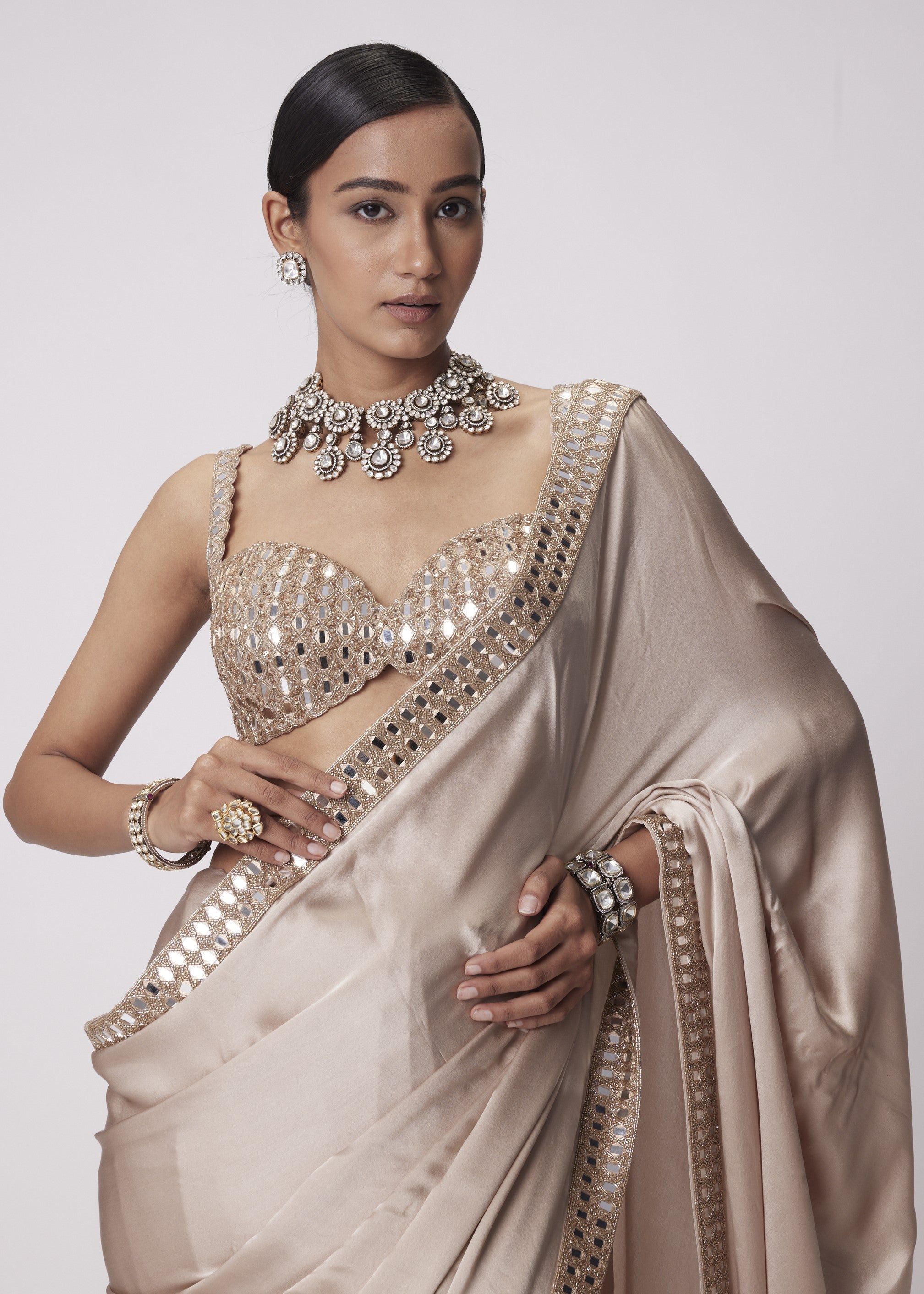 Light Beige Satin Sari Set