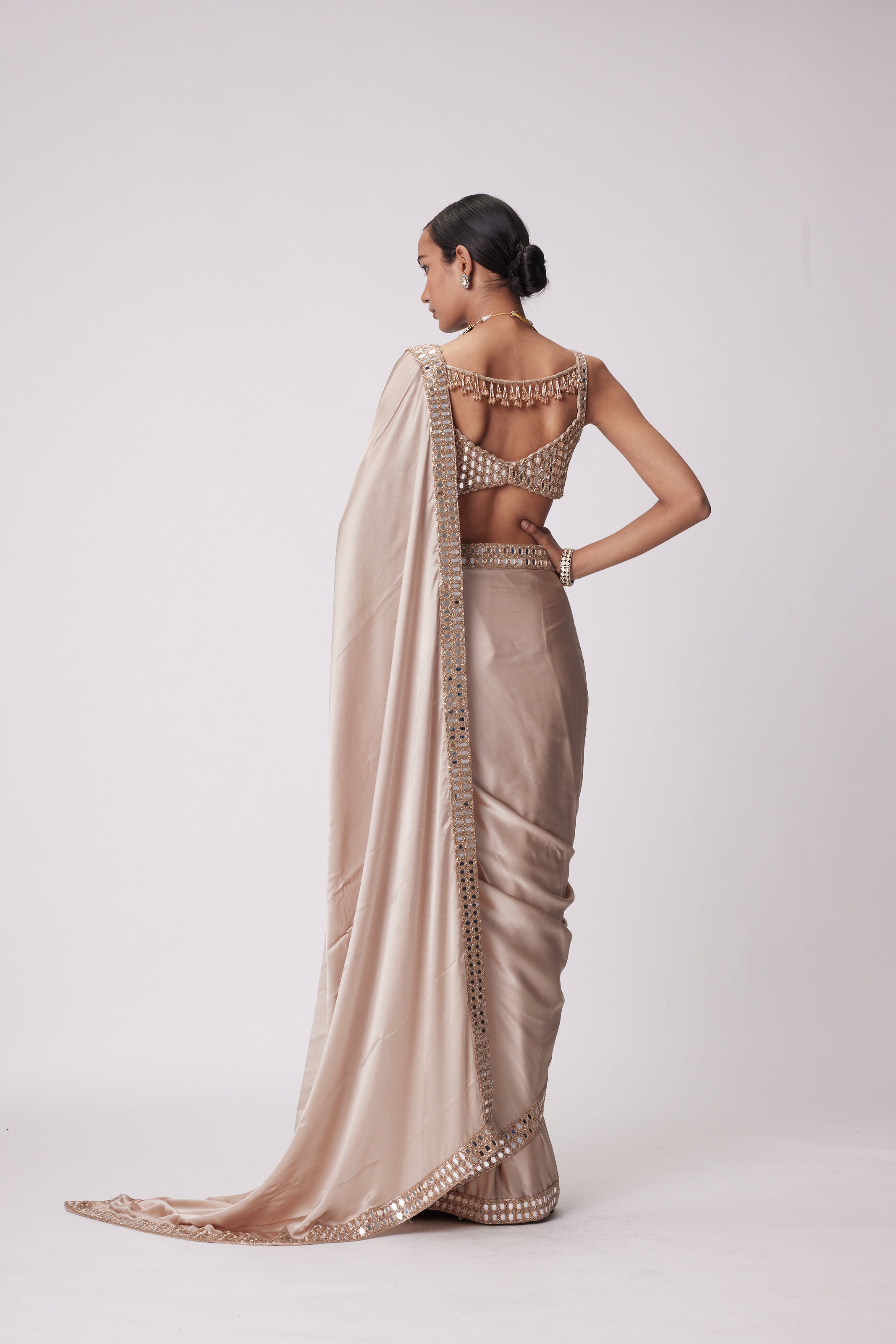 Light Beige Satin Sari Set