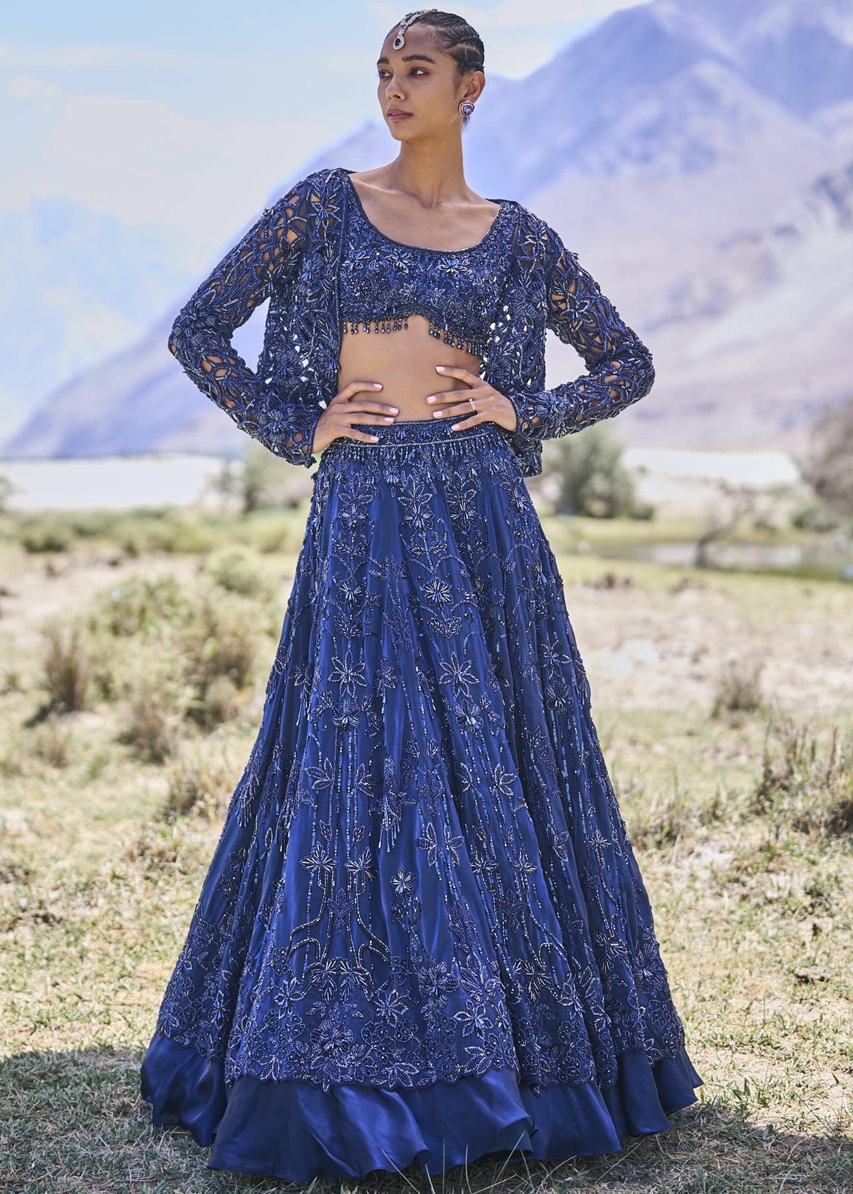 Blue Embroidered Lehenga with Cropped Jacket