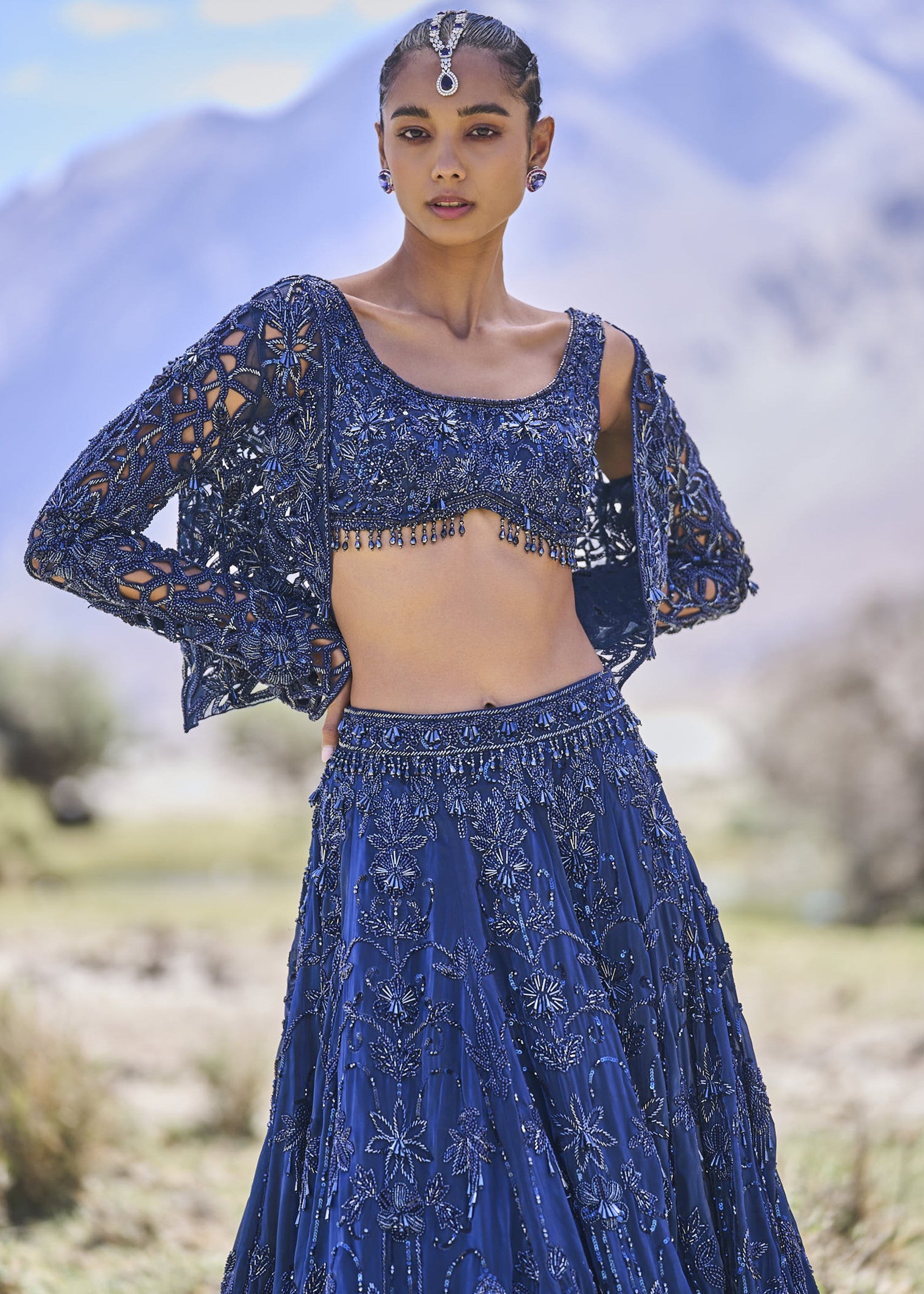Blue Embroidered Lehenga with Cropped Jacket