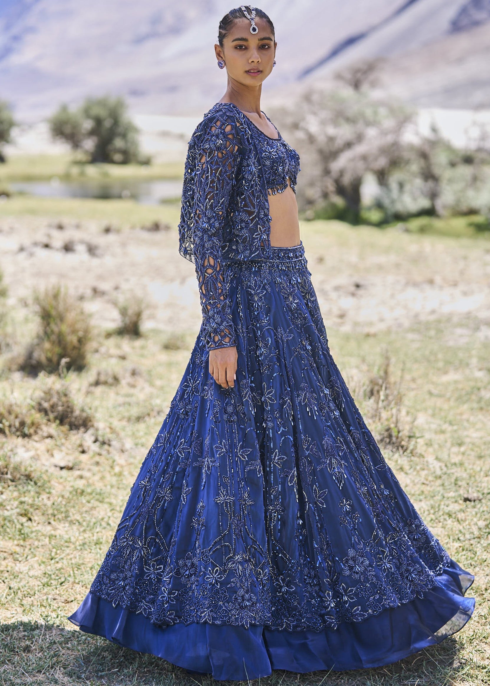 Blue Embroidered Lehenga with Cropped Jacket