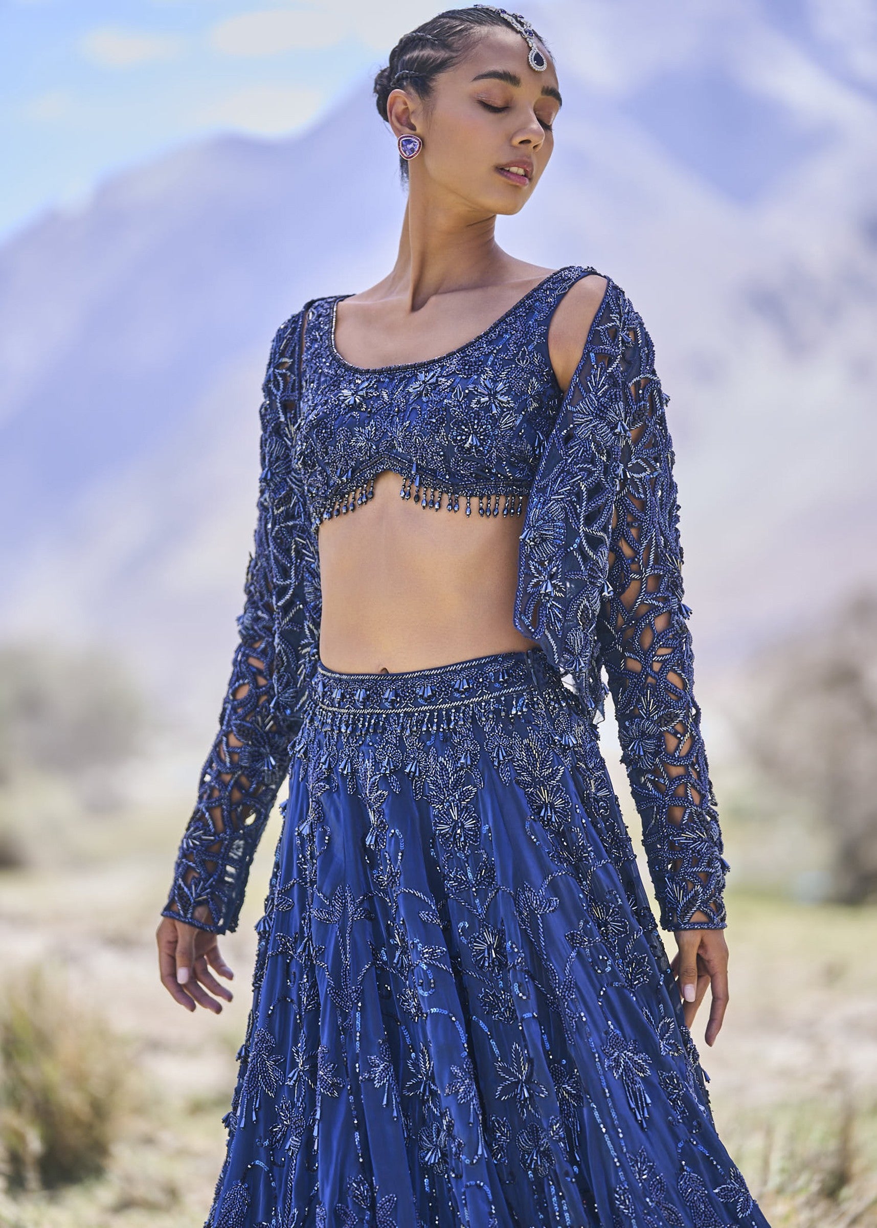 Blue Embroidered Lehenga with Cropped Jacket