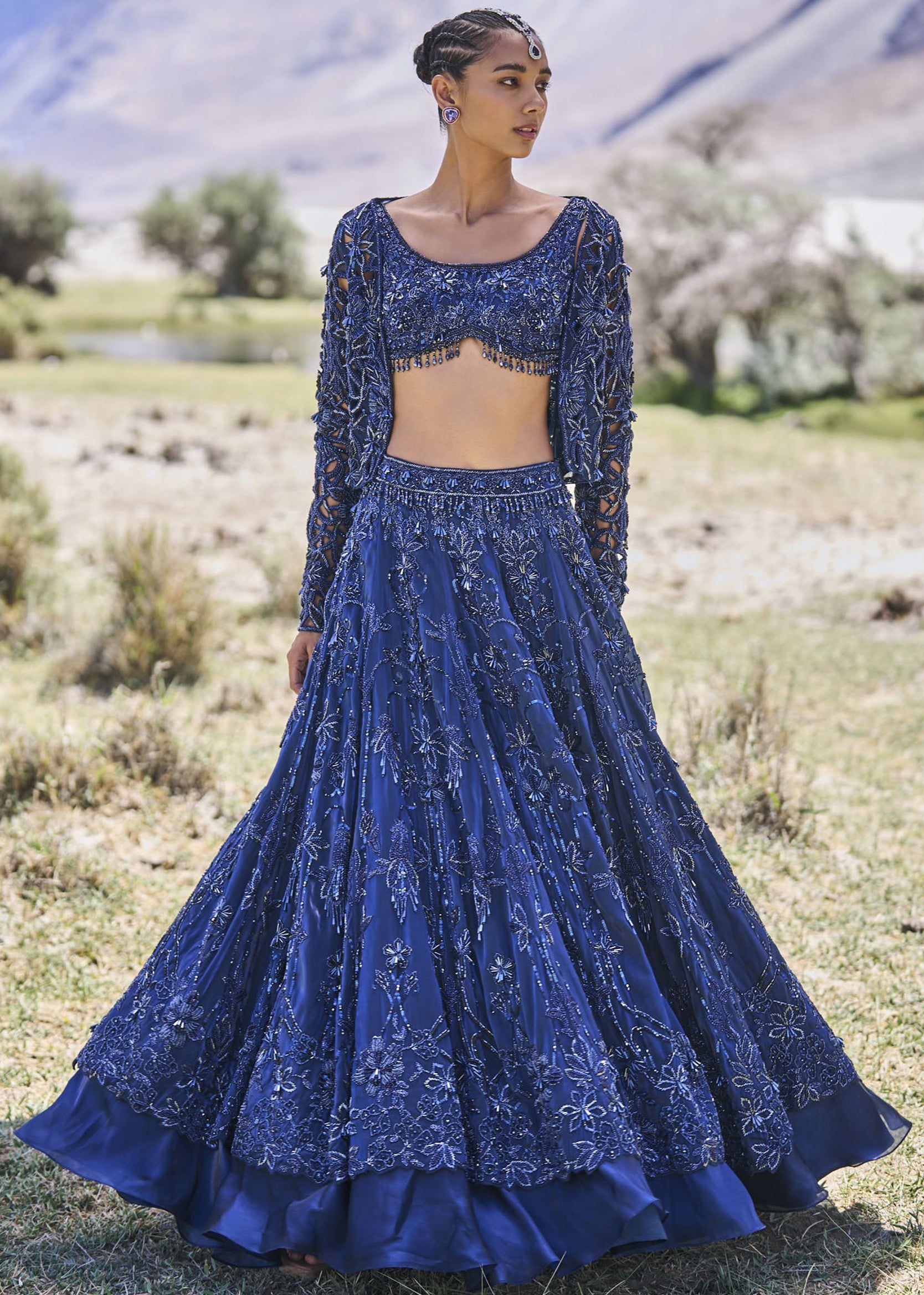 Blue Embroidered Lehenga with Cropped Jacket