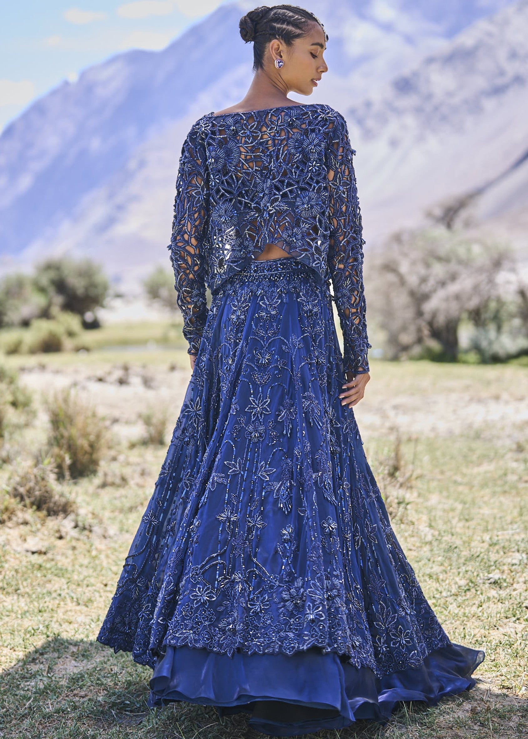 Blue Embroidered Lehenga with Cropped Jacket